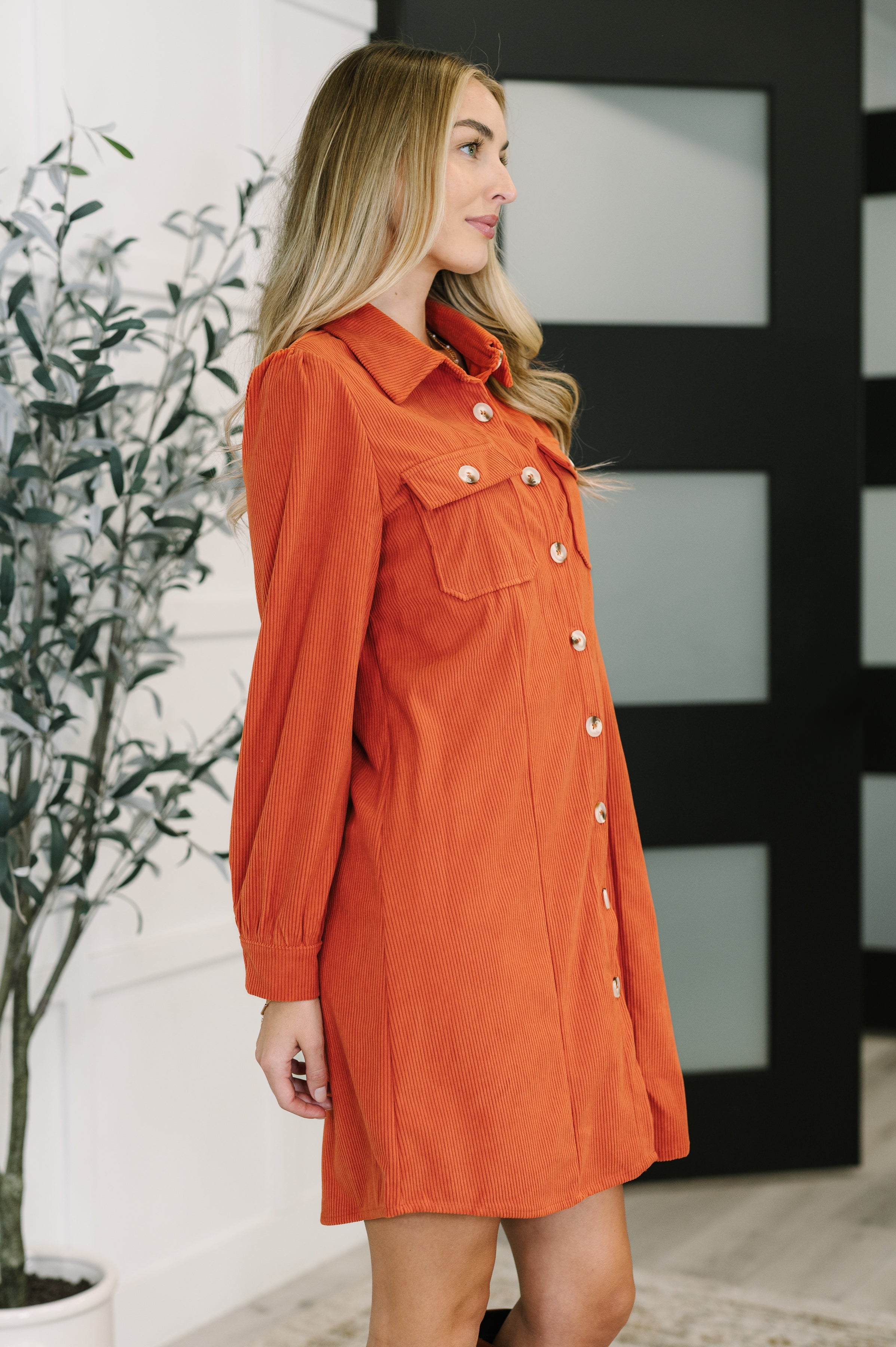 One Eleven North Clever in Corduroy Shirt Dress in Rust Womens