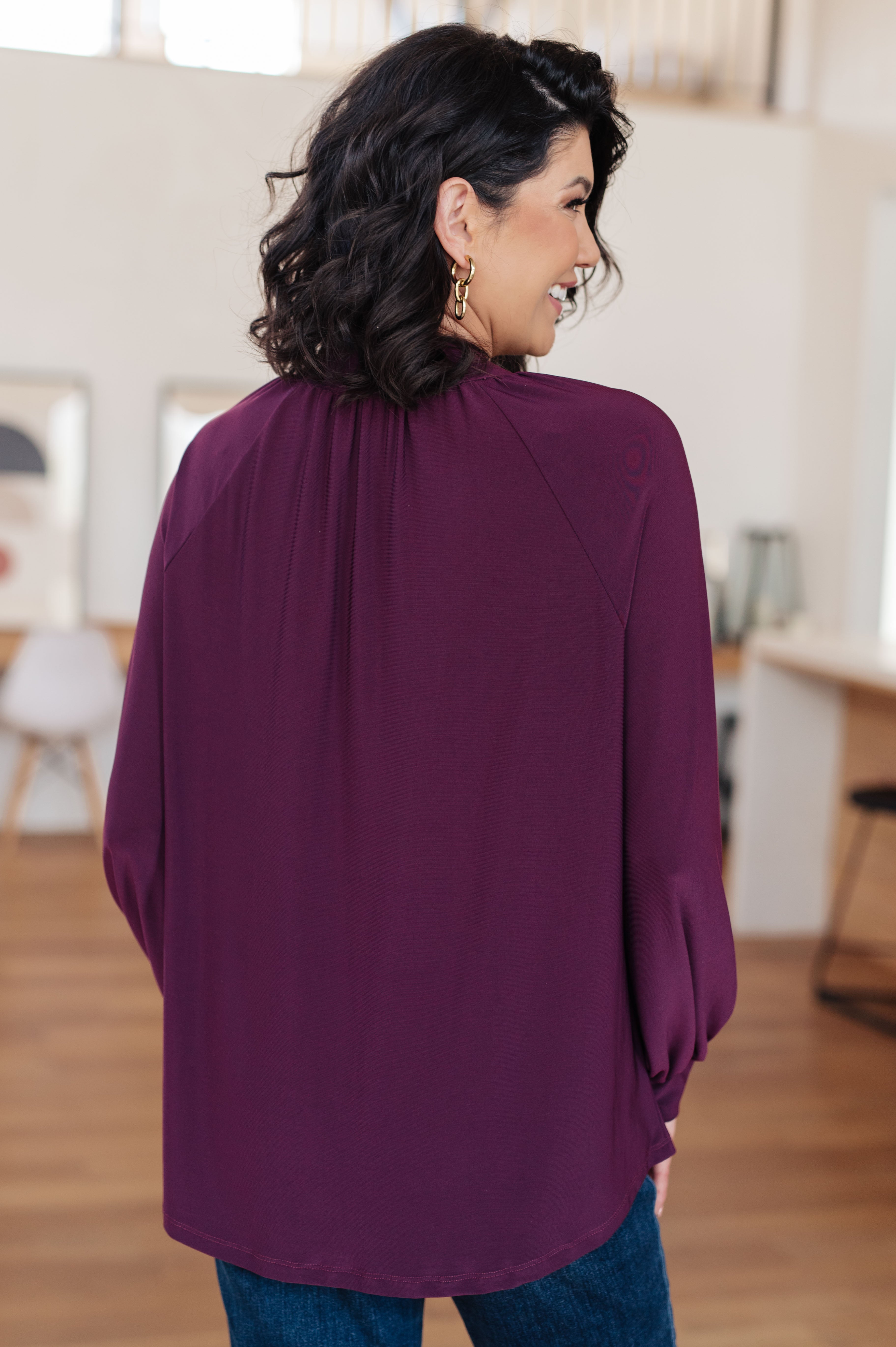 White Birch Closing Time Mock Neck Blouse in Plum Tops