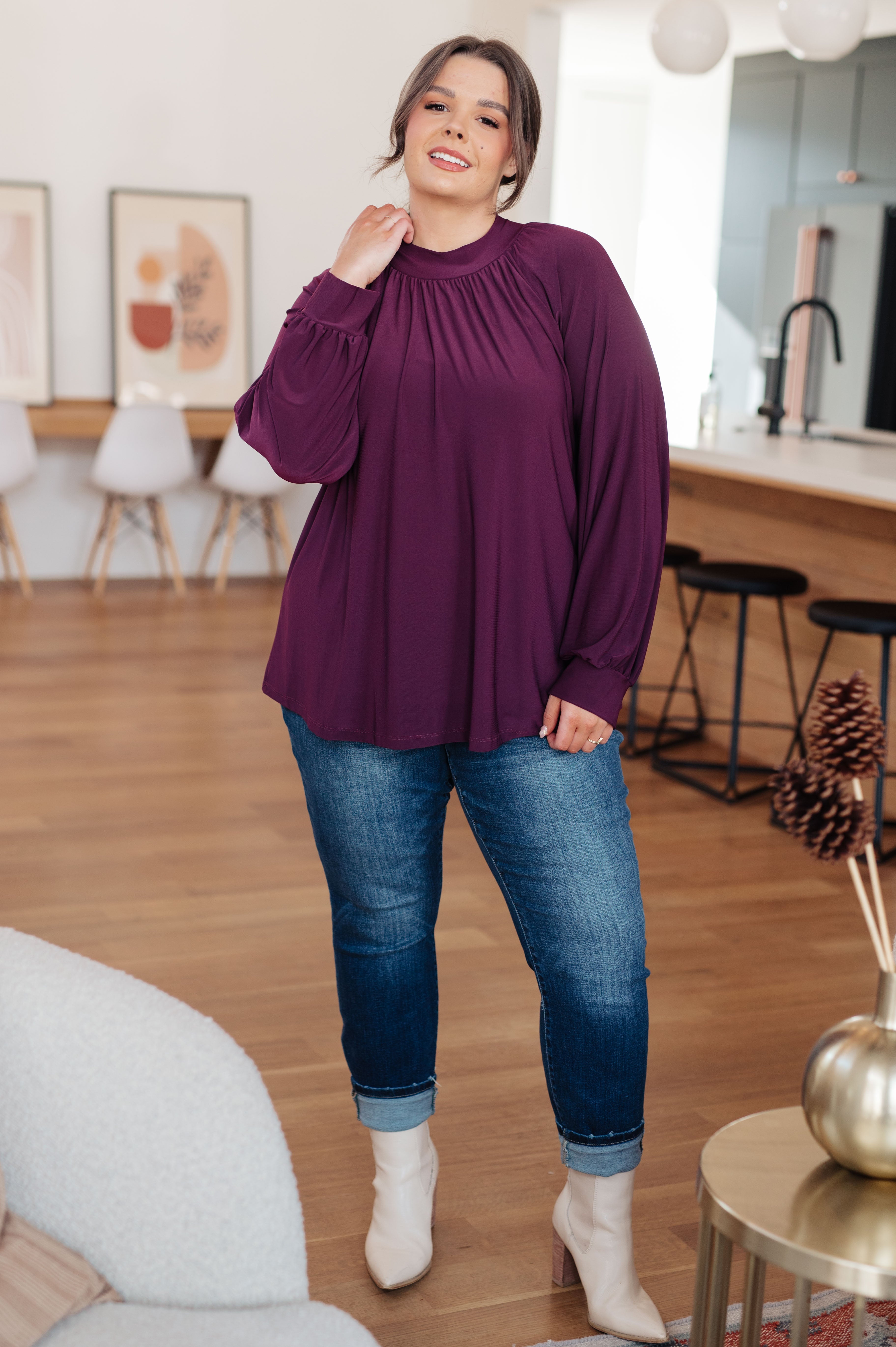 White Birch Closing Time Mock Neck Blouse in Plum Tops