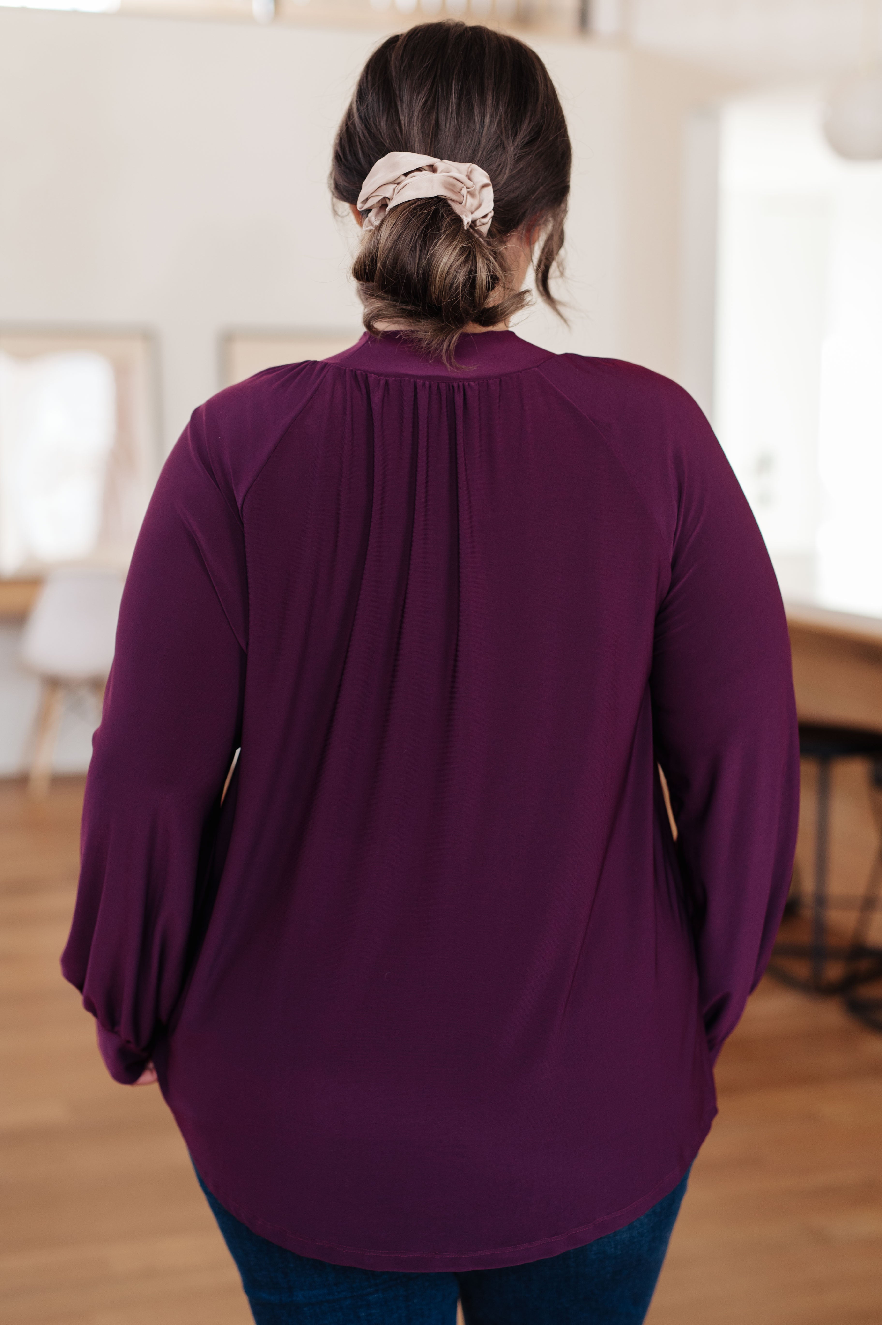White Birch Closing Time Mock Neck Blouse in Plum Tops