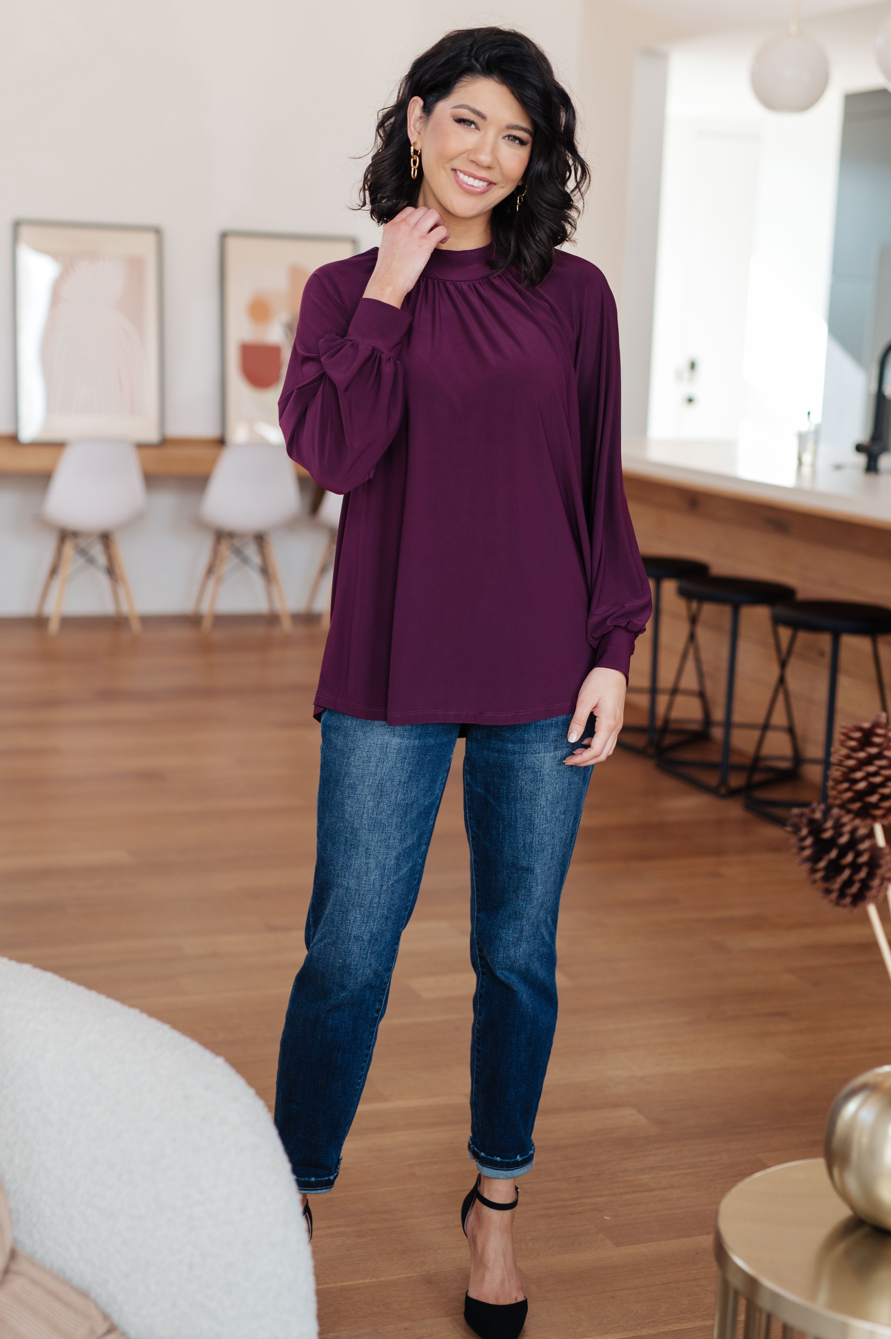 White Birch Closing Time Mock Neck Blouse in Plum Tops