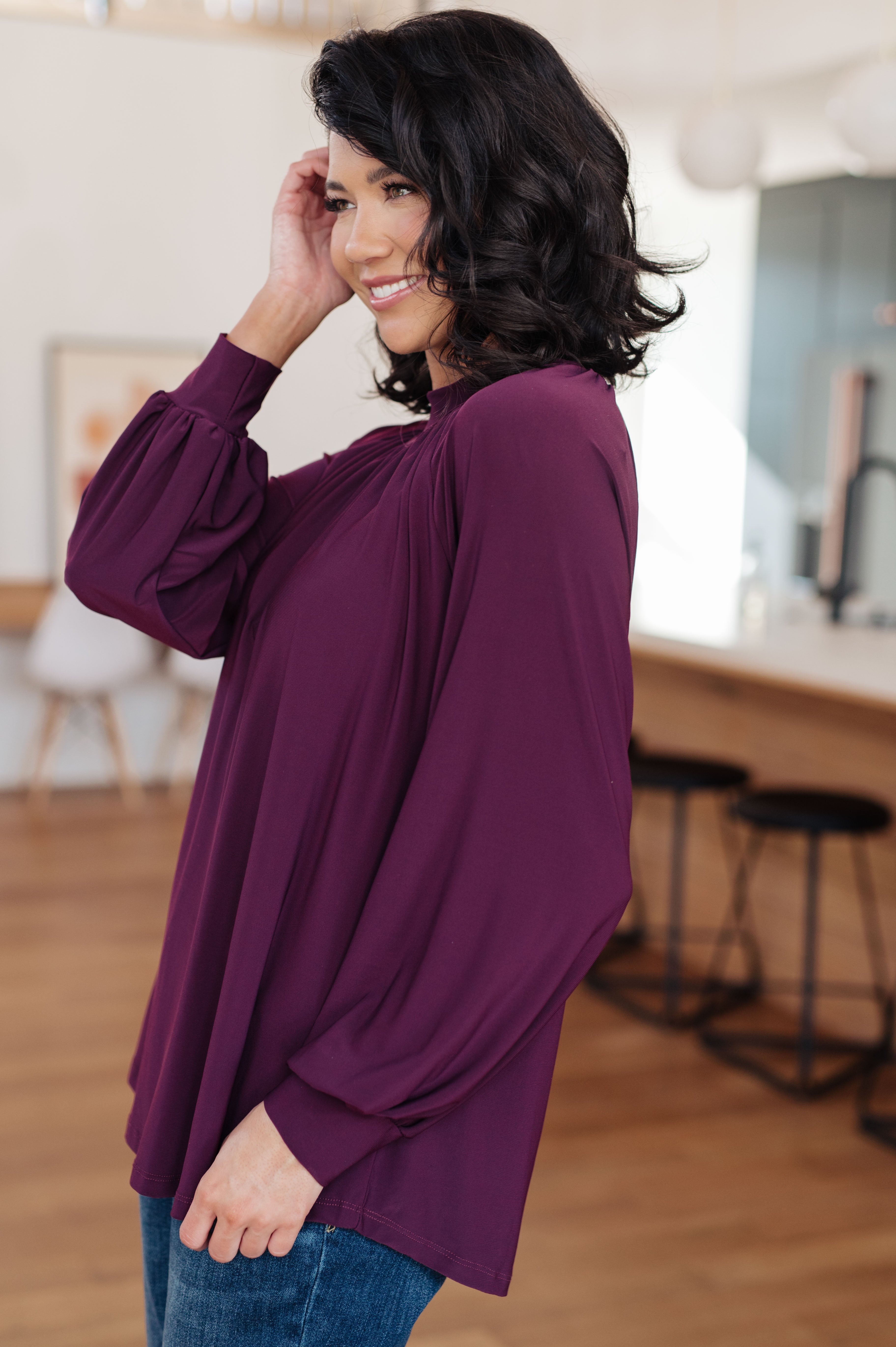 White Birch Closing Time Mock Neck Blouse in Plum Tops