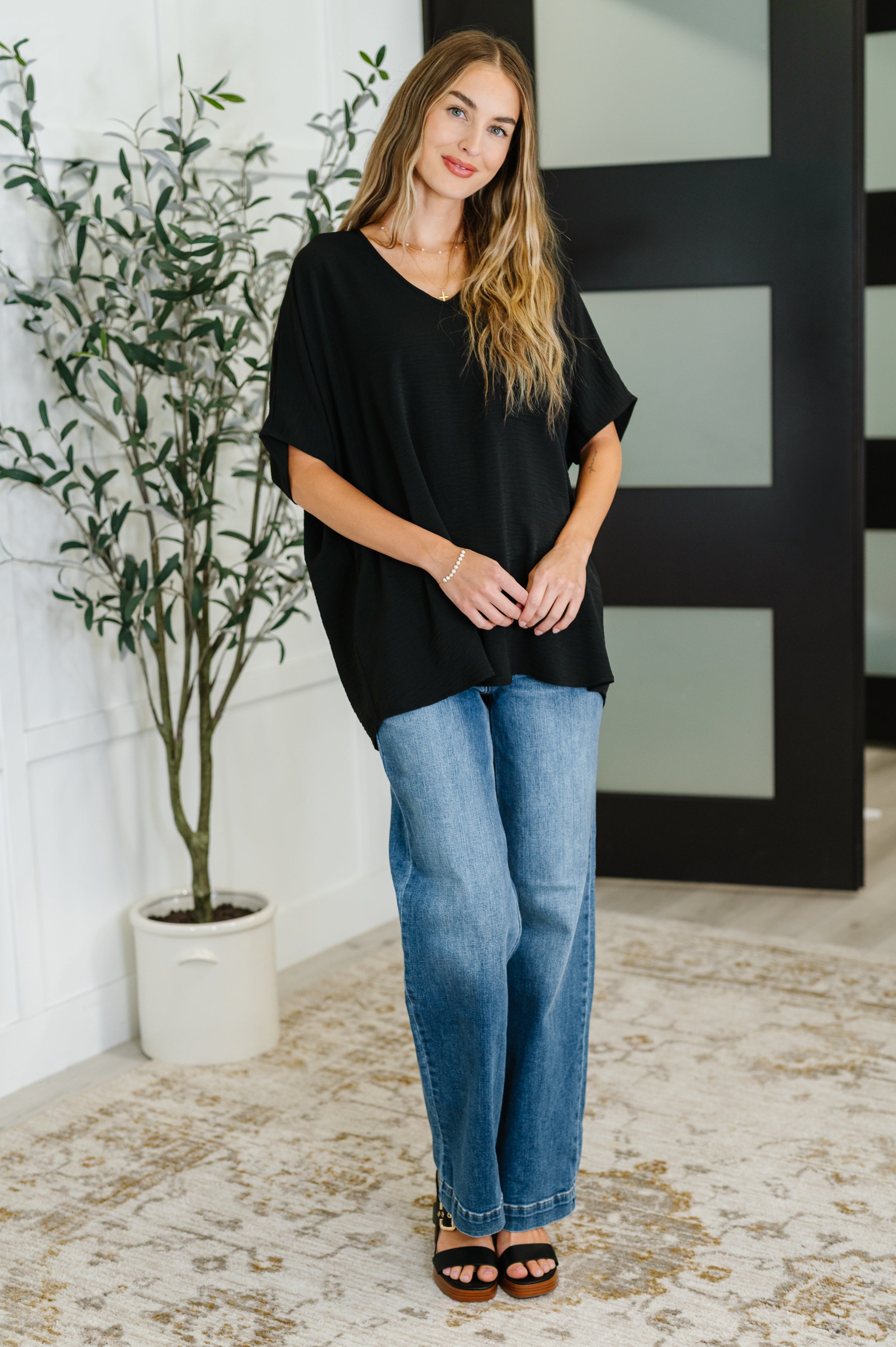 Zenana Coastal Ease Airflow V-Neck Top in Black Womens