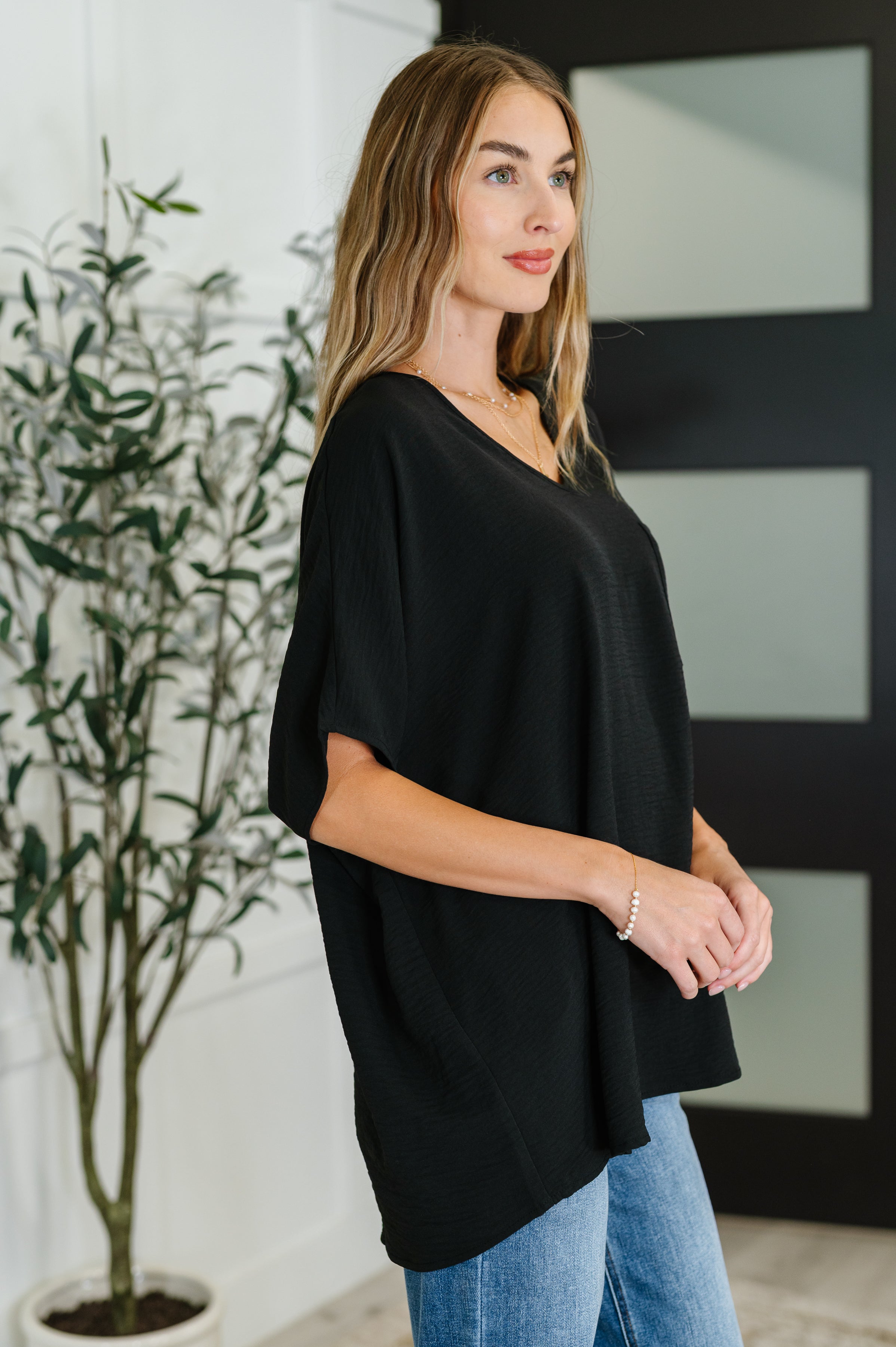 Zenana Coastal Ease Airflow V-Neck Top in Black Womens