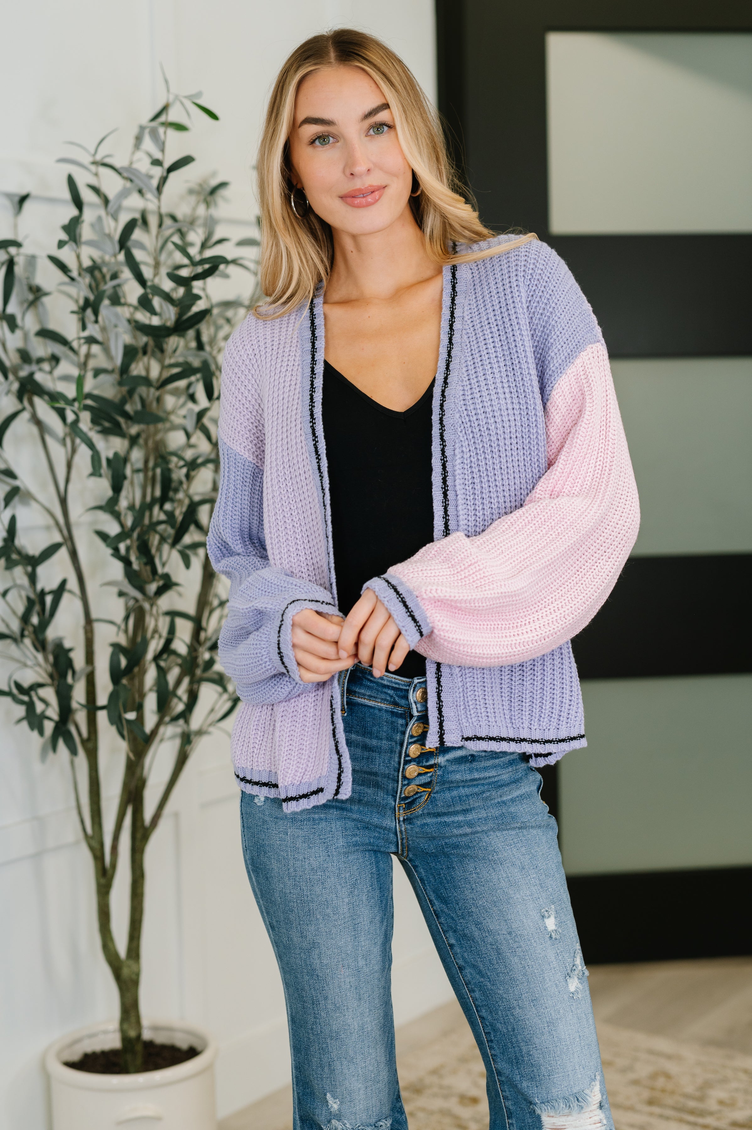 One Eleven North Coffee Date Pink and Purple Color Block Cardigan Womens