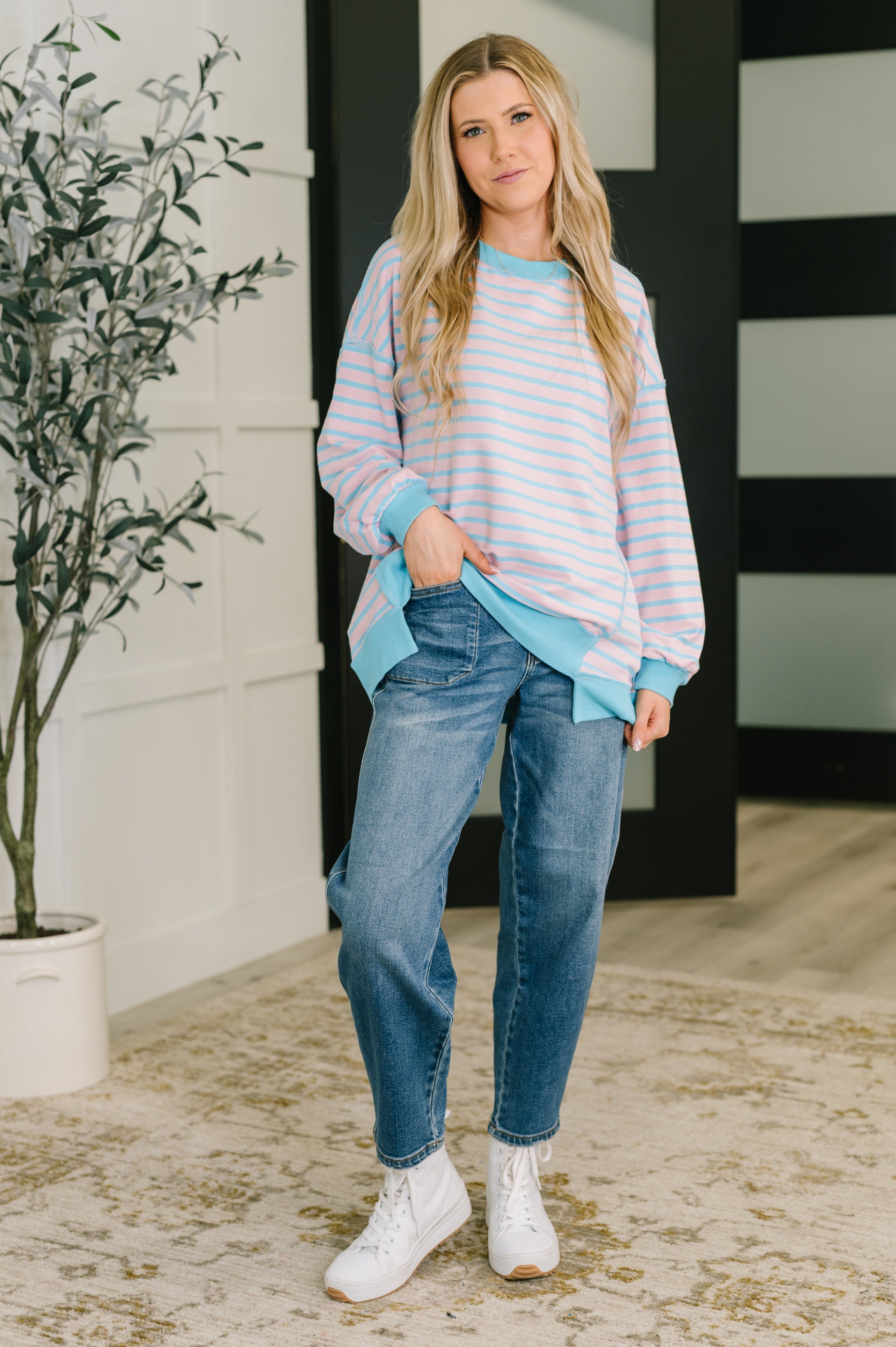 One Eleven North Color Clash Drop Shoulder Long Sleeve Womens
