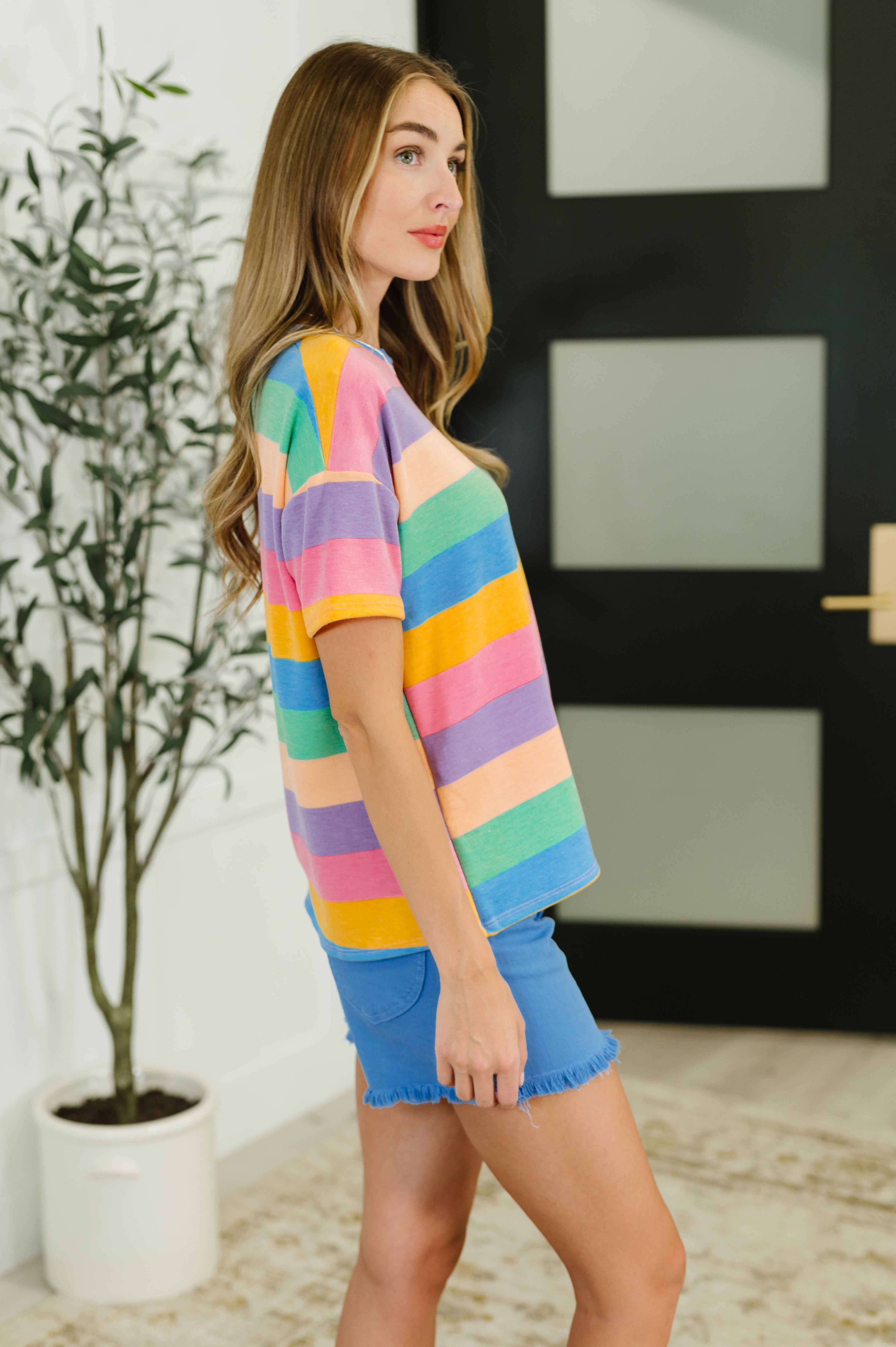 Haptics Color Theory Drop Shoulder Top in Blue, Yellow and Pink Womens