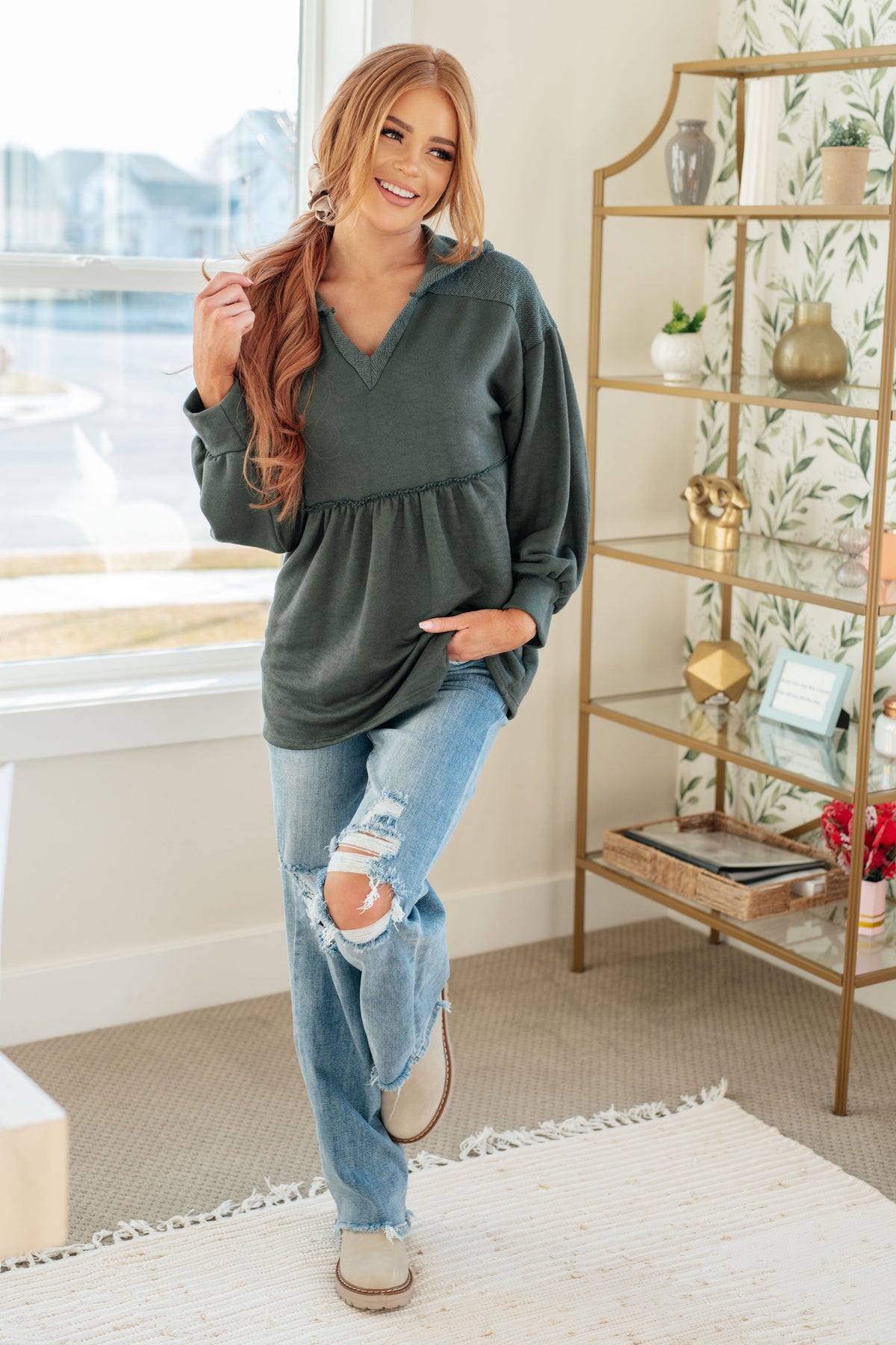7th Ray She's Not Wrong Hooded V-Neck Pullover Tops