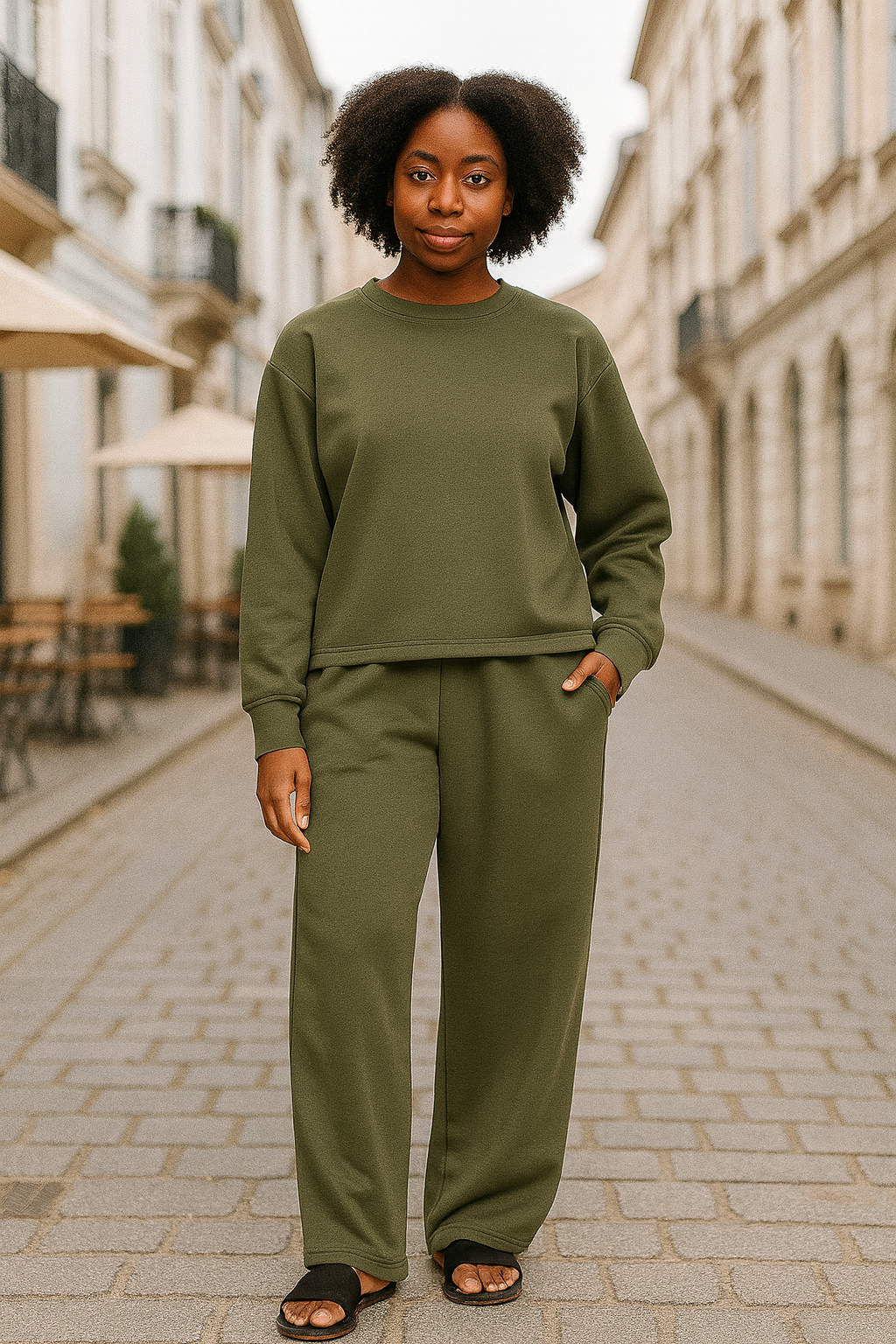 Zenana Dark Olive Scuba Crewneck Pullover and Pants Set DK OLIVE