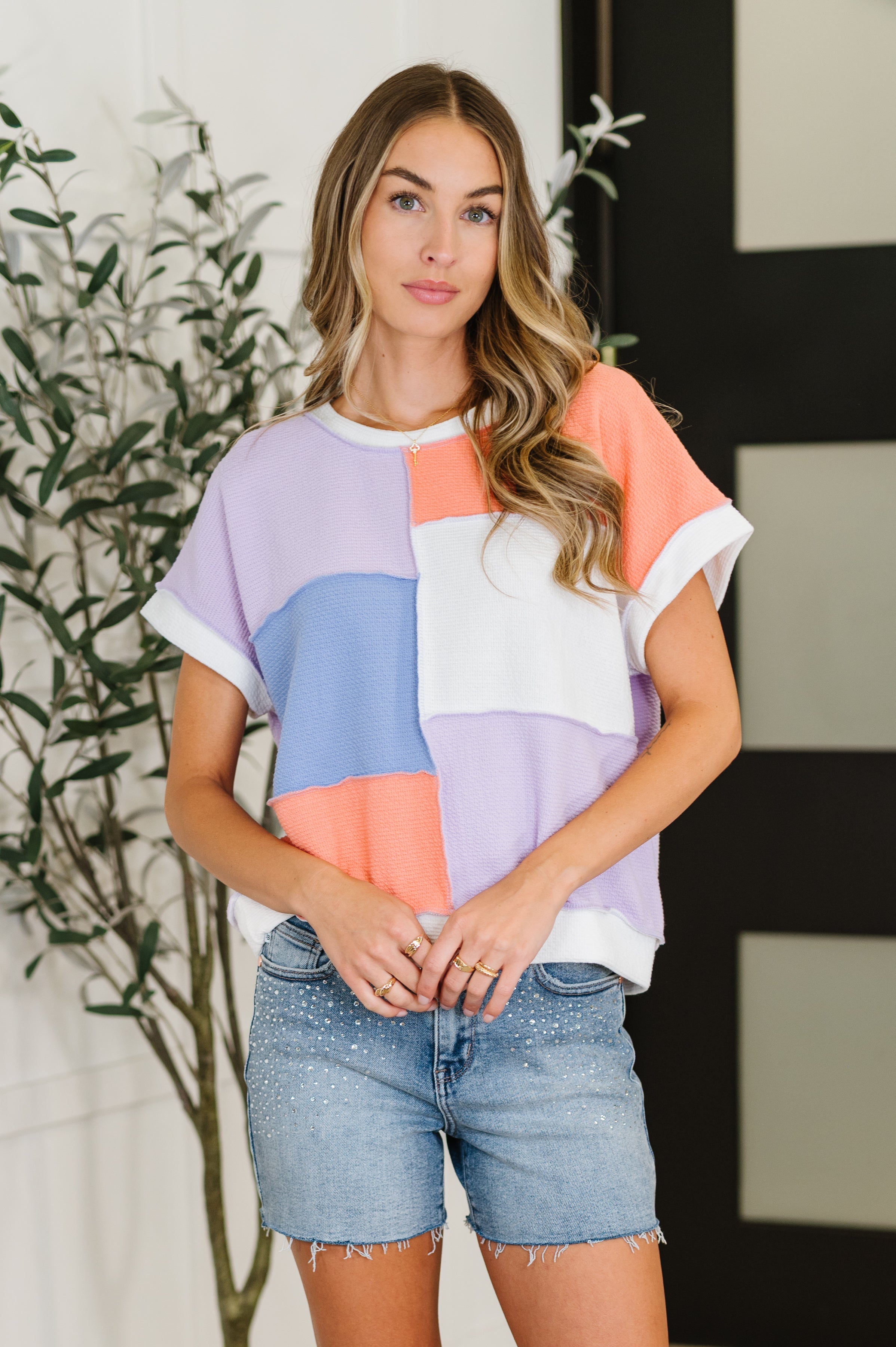 Lovely Melody Contrast Club Color Block Top in Lilac, Orange and Denim Womens