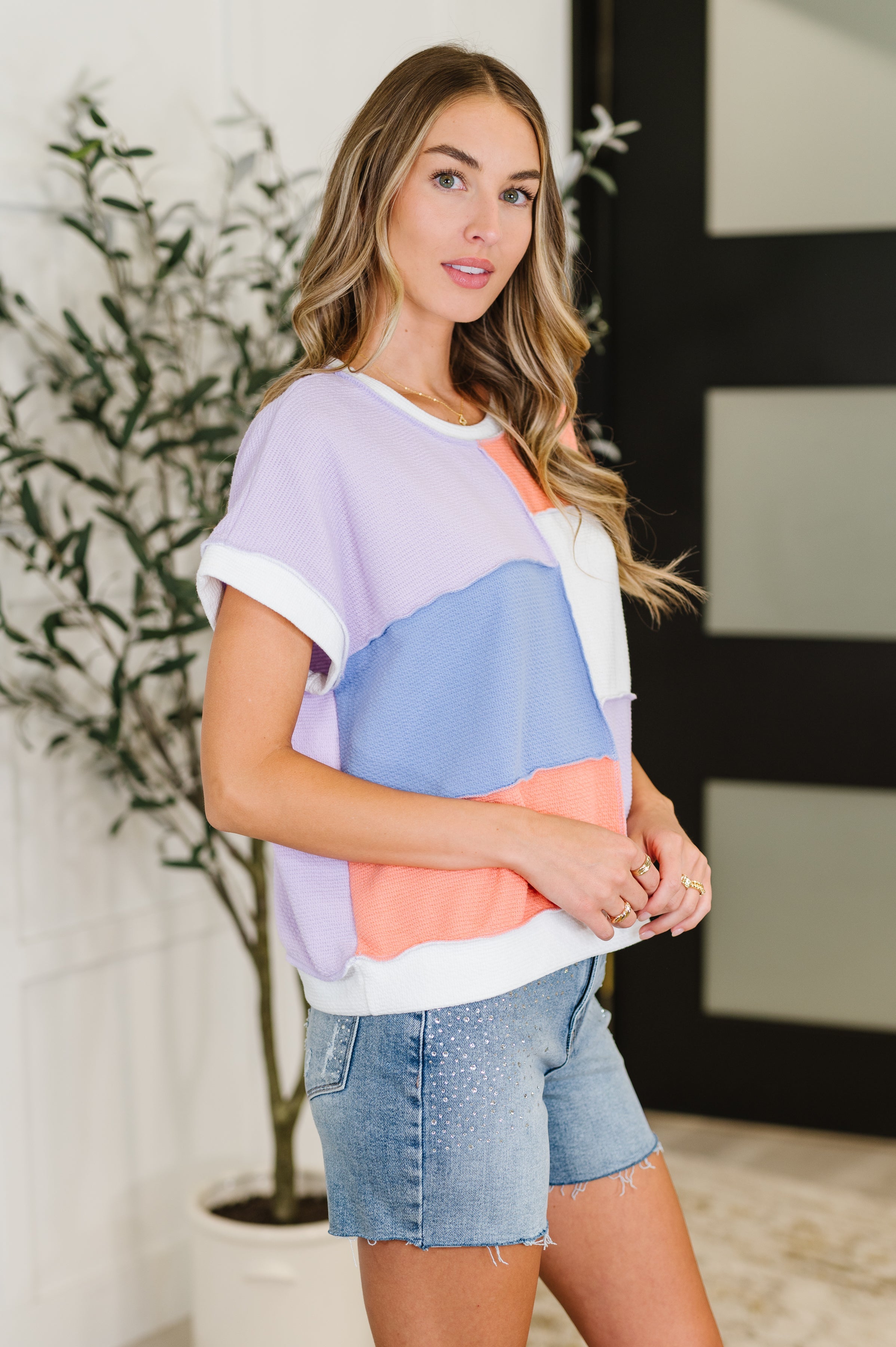 Lovely Melody Contrast Club Color Block Top in Lilac, Orange and Denim Womens