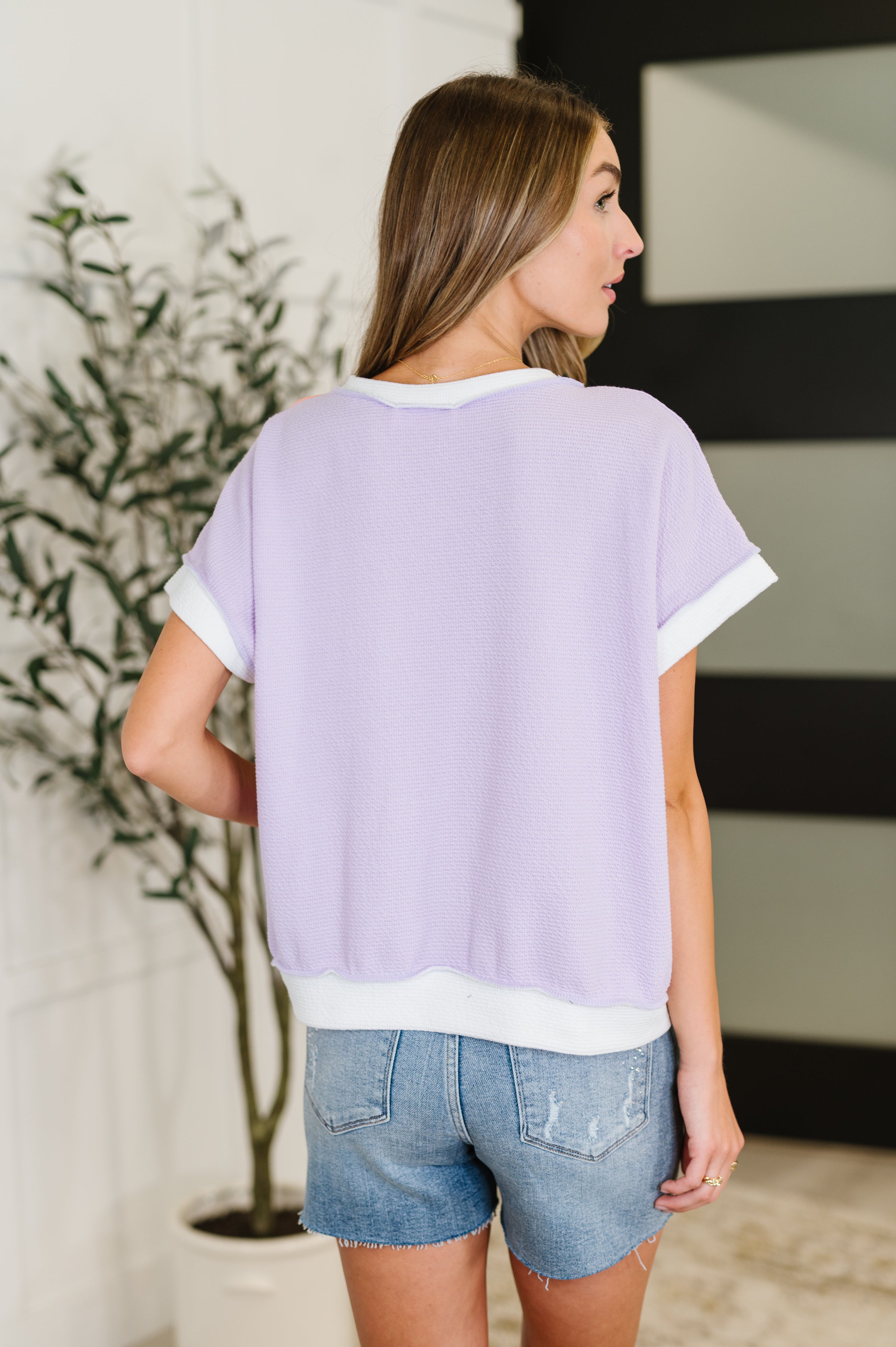 Lovely Melody Contrast Club Color Block Top in Lilac, Orange and Denim Womens