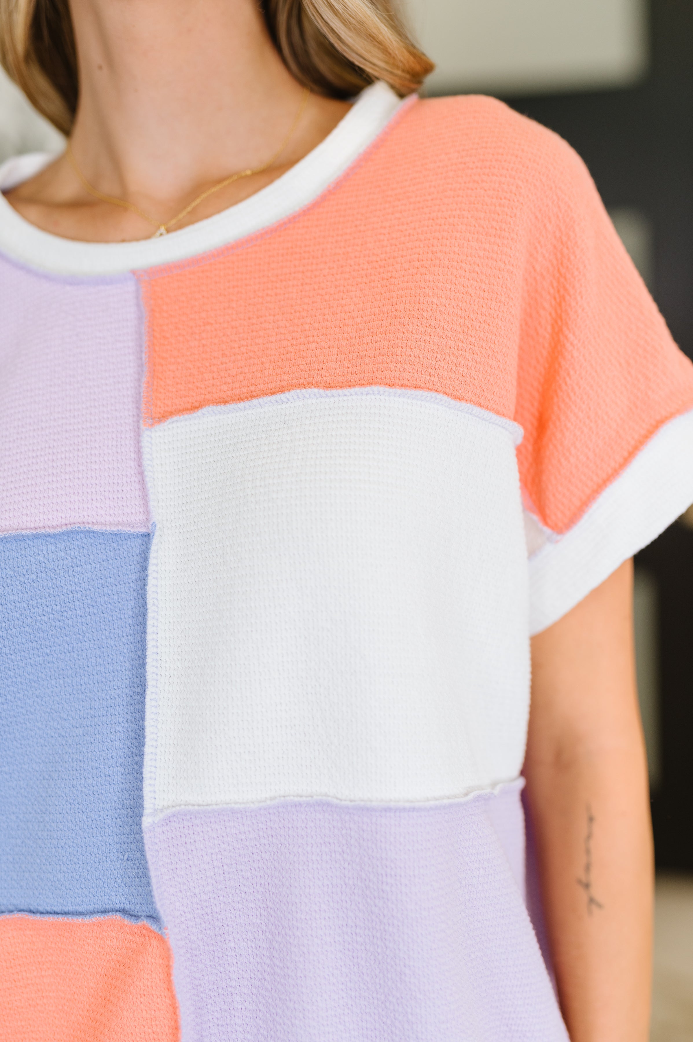 Lovely Melody Contrast Club Color Block Top in Lilac, Orange and Denim Womens