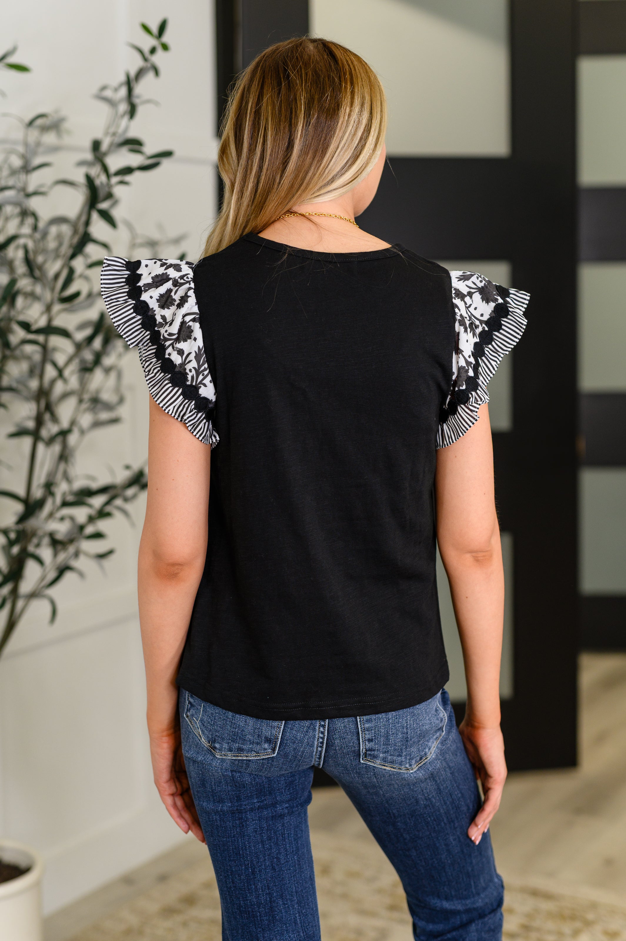 One Eleven North Contrast Flutter Sleeve Top in Black Womens