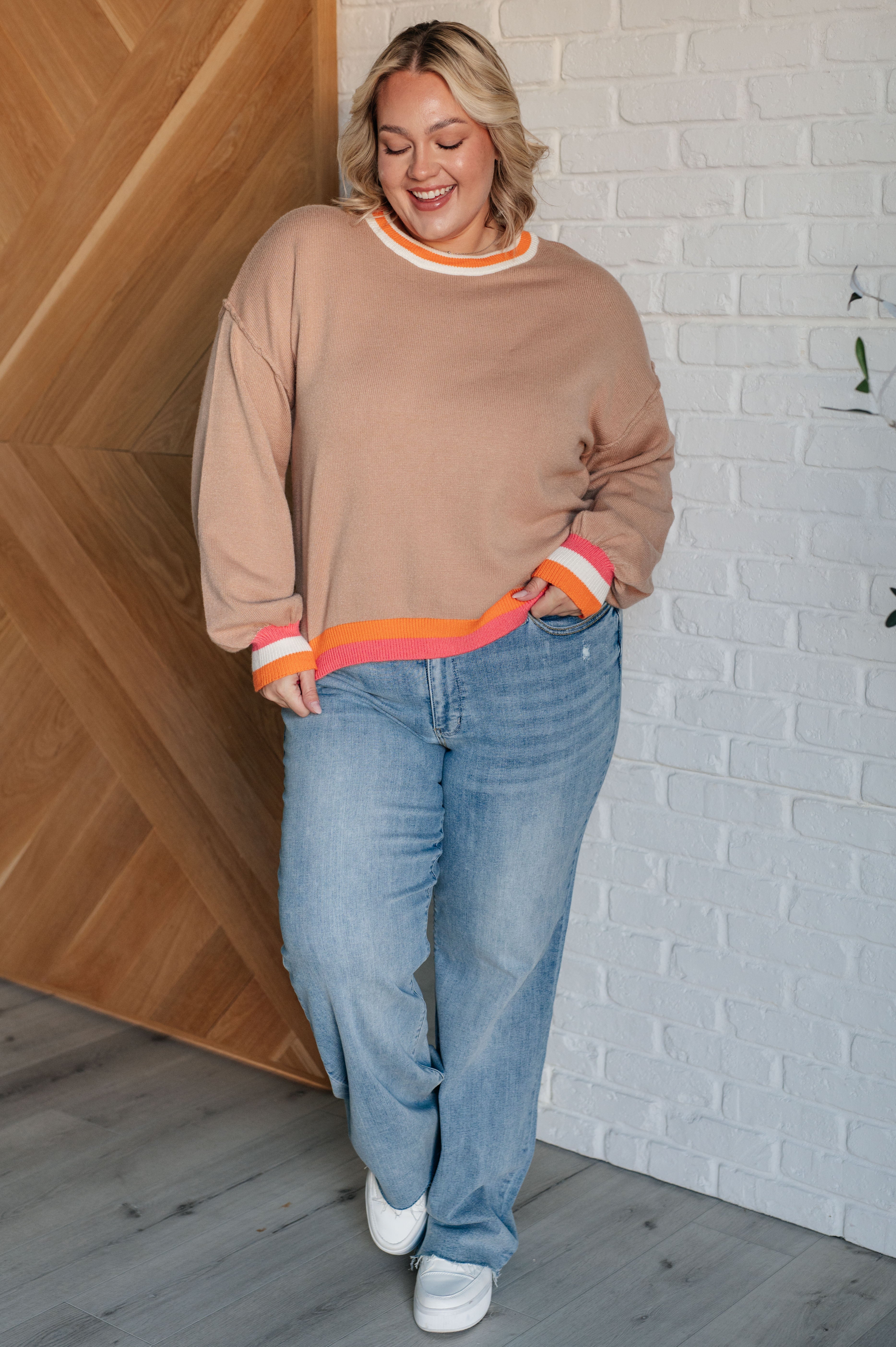 One Eleven North Conversational Moment Striped Trim Sweater Tops