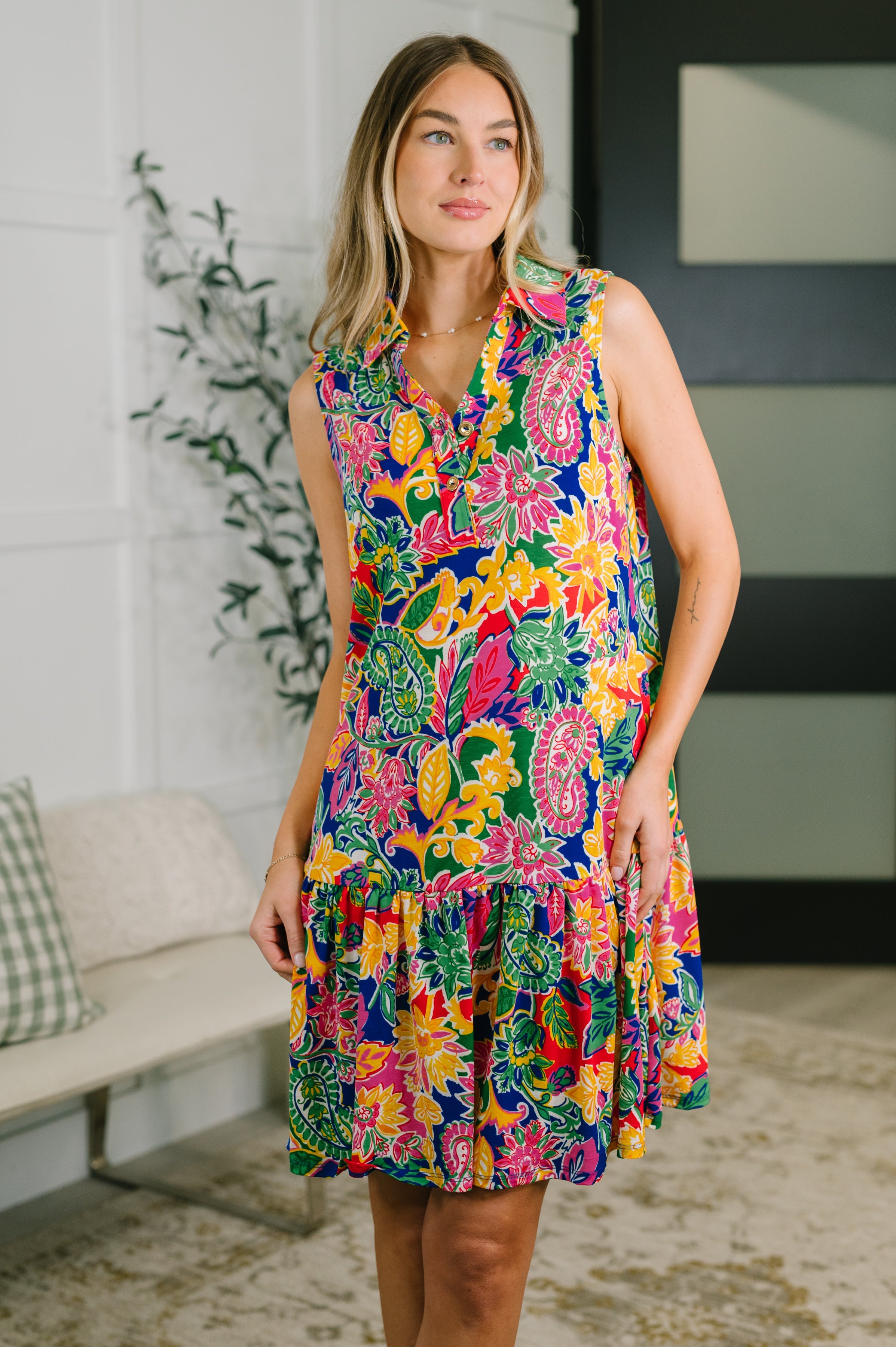 Dear Scarlett Coral Sands Collared Tank Dress in Floral Paisley Womens