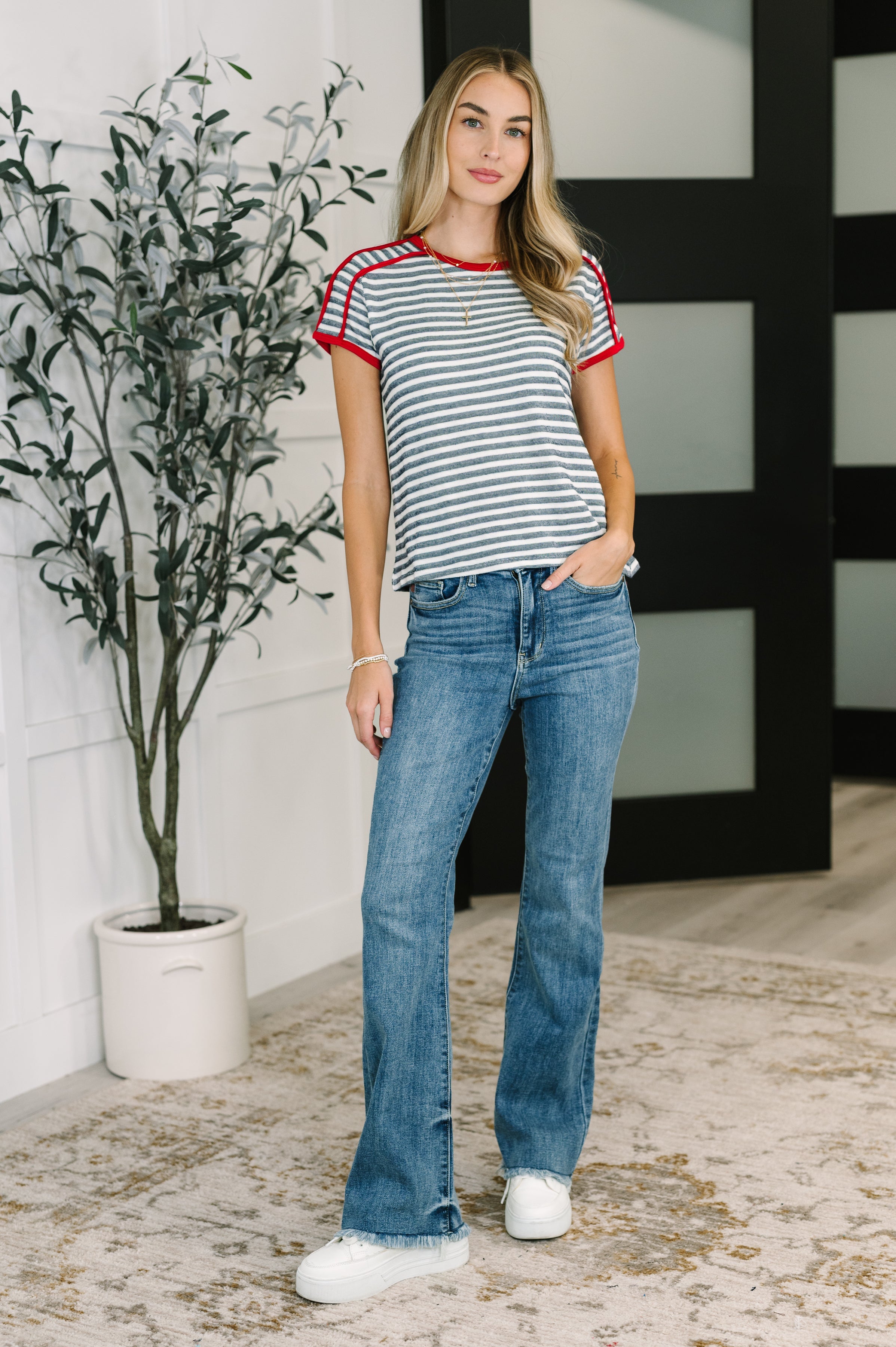 Kori America Country Stripe Casual Tee in Navy White Womens