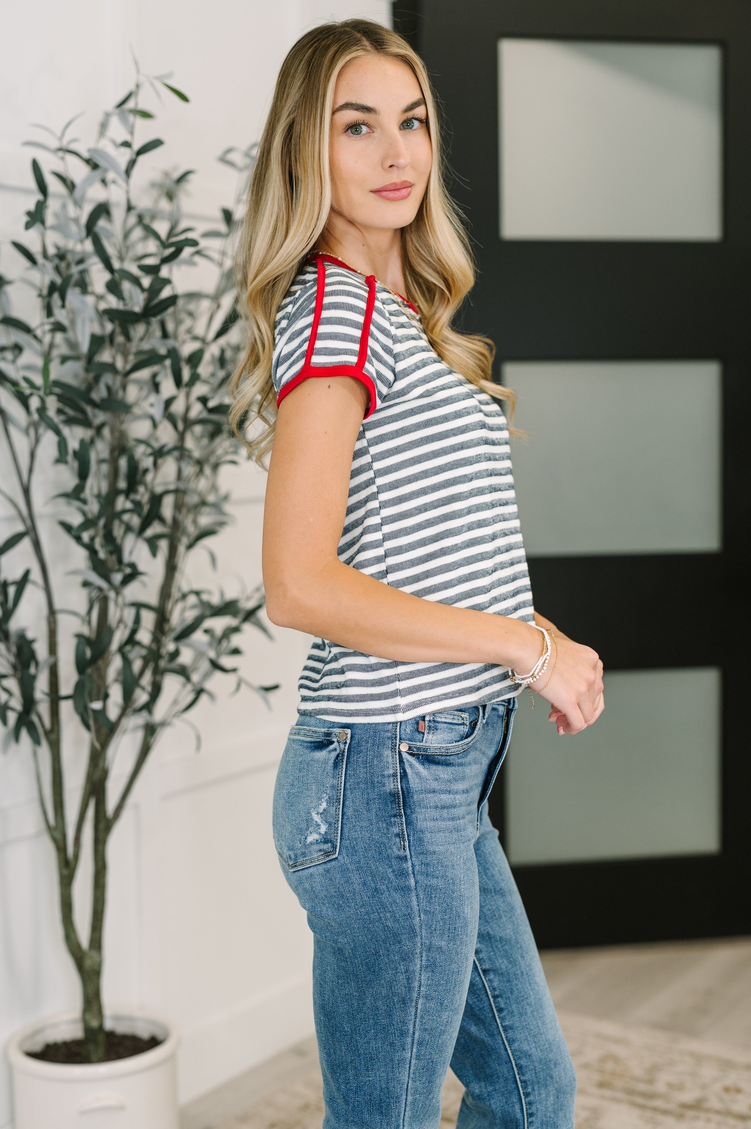 Kori America Country Stripe Casual Tee in Navy White Womens