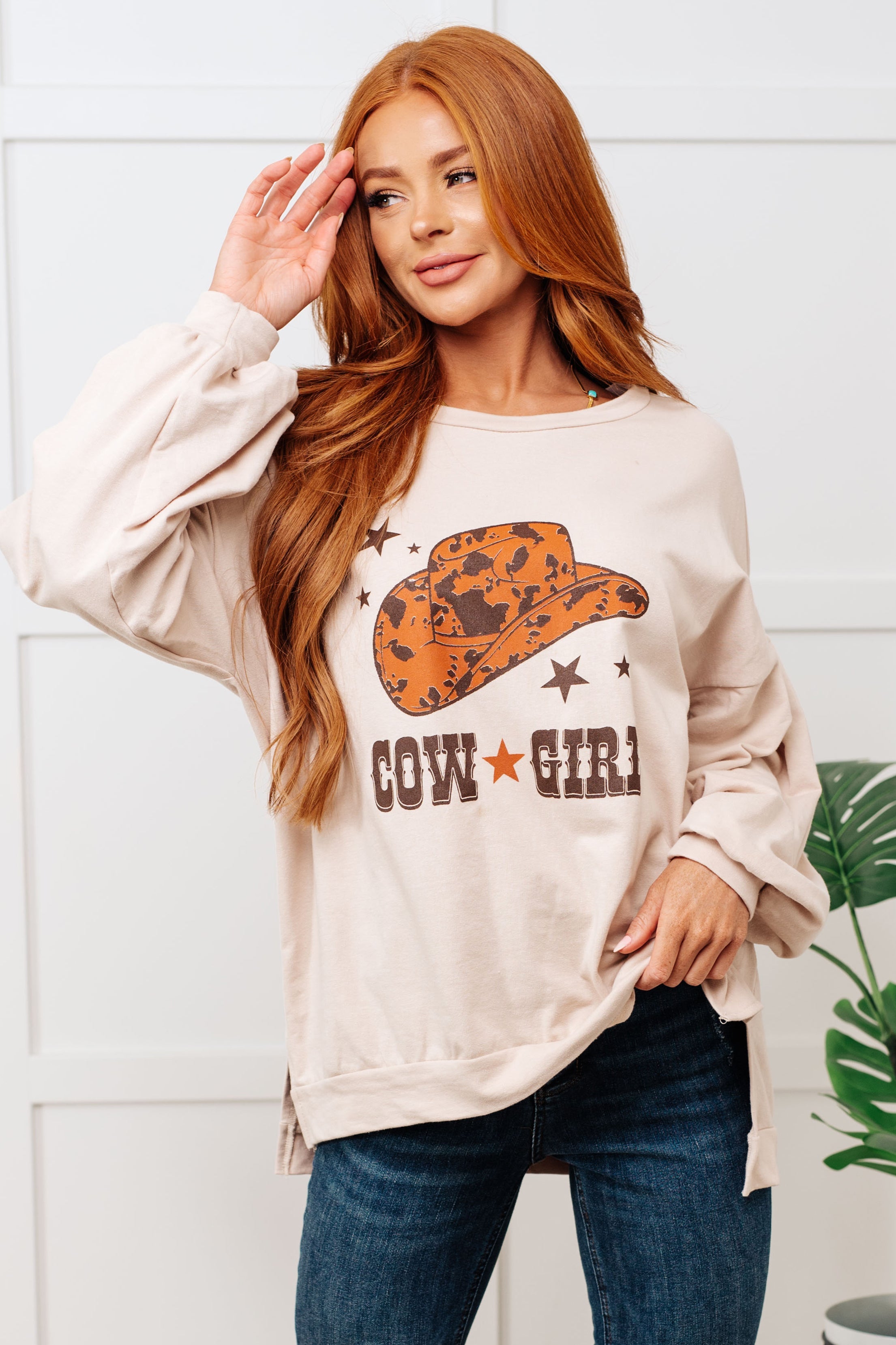 Fantastic Fawn Cow Girl Graphic Pullover in Stone Tops