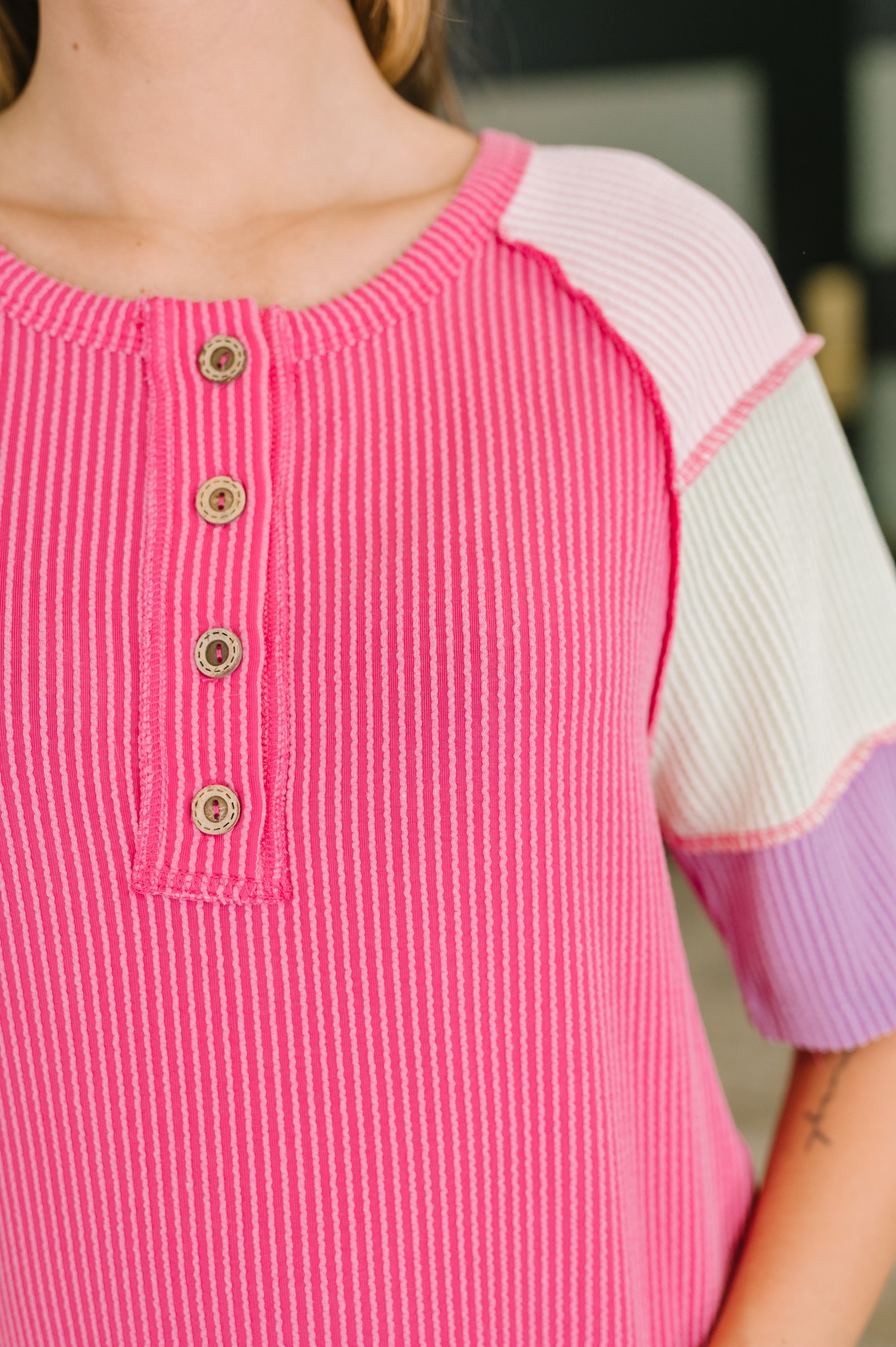 Cozy Collage Color Block Henley Top Womens