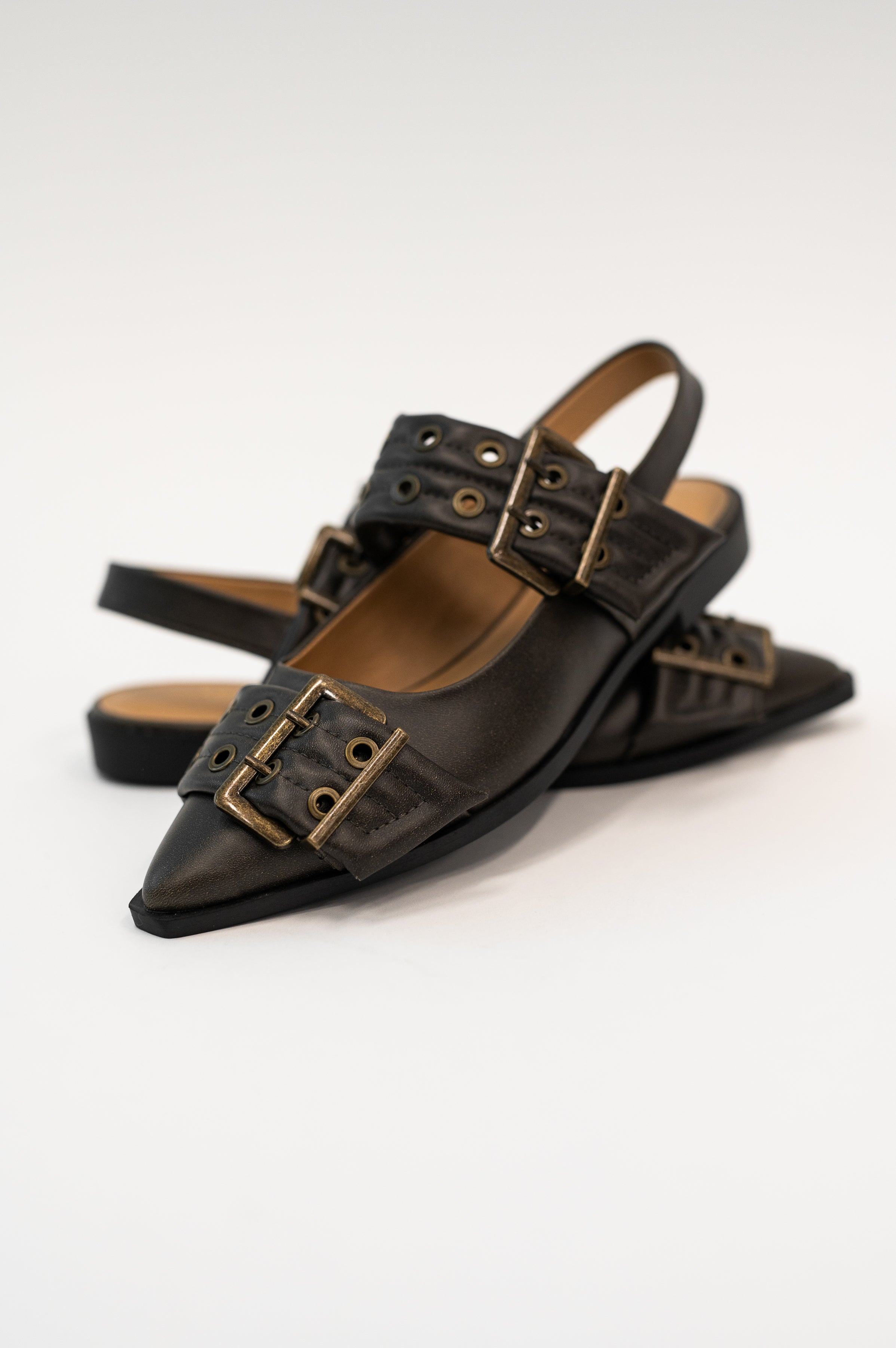 Soda Crazy Train Buckle Pointy Toe Flats Womens