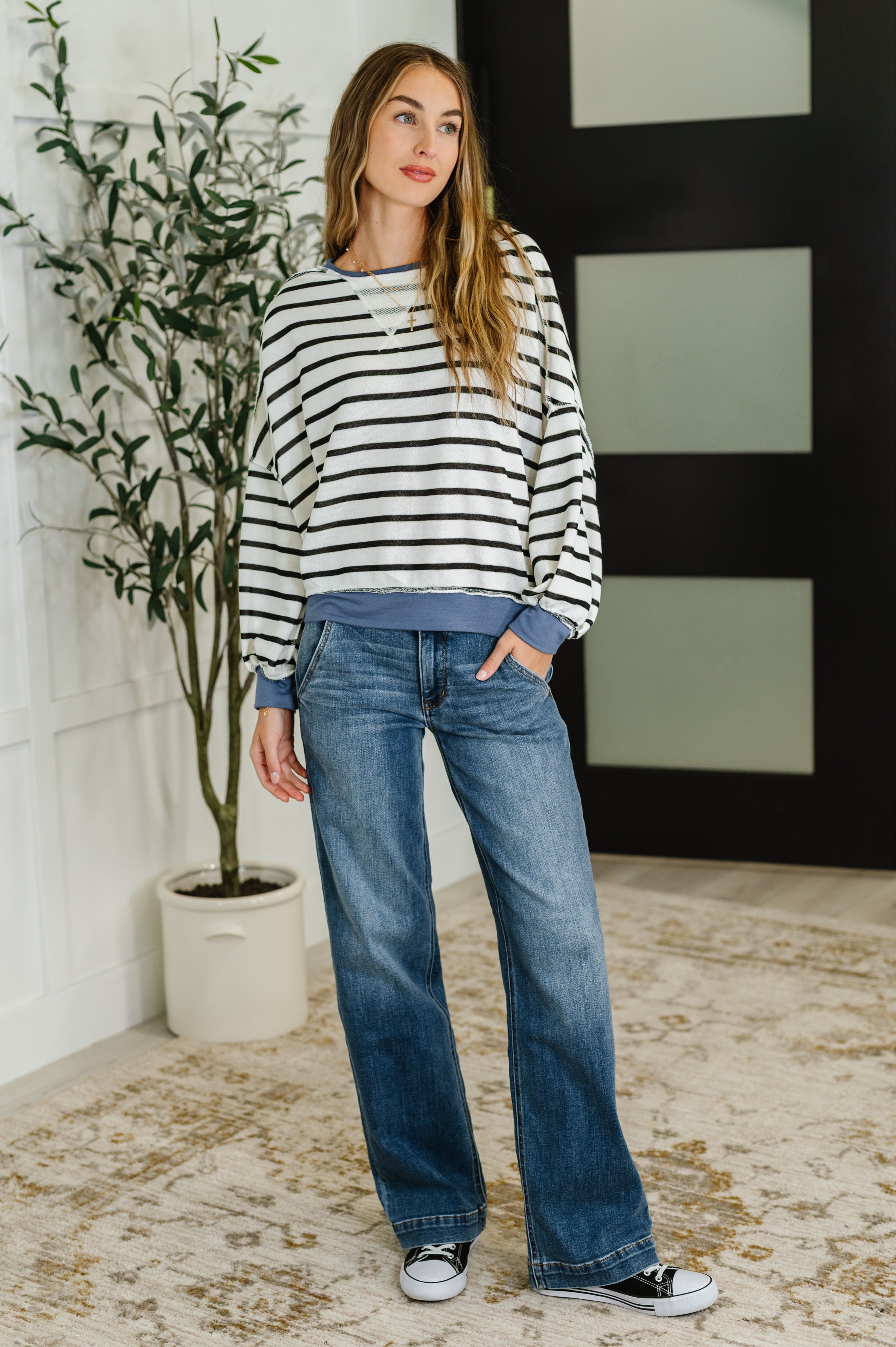 Haptics Cute in Comfort Crew Neck Pullover in White, Black and Denim Womens