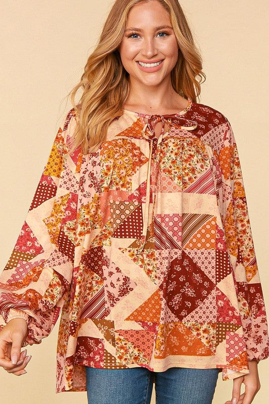 Haptics Rust & Magenta Patchwork Print Front Tie Boho Top