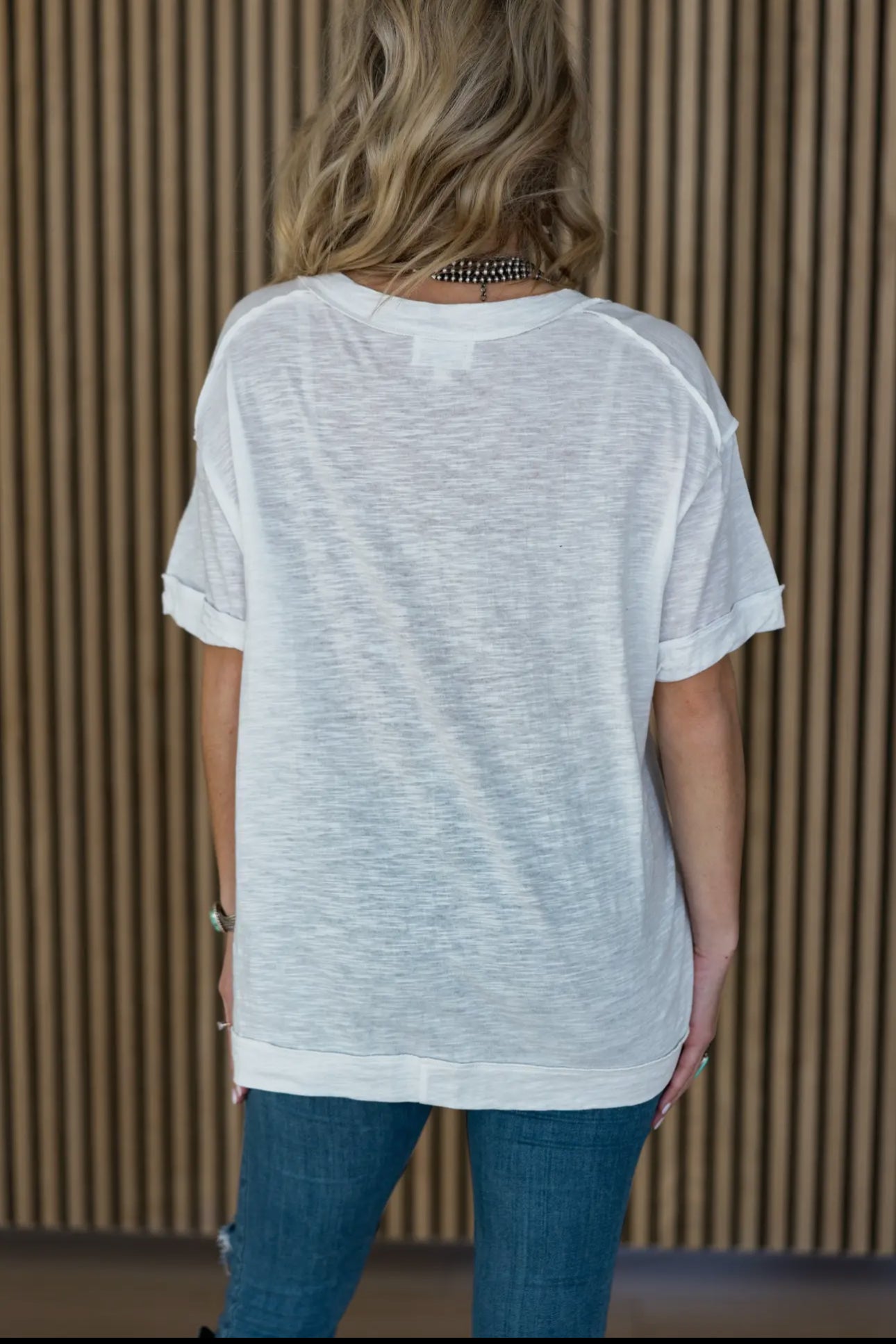 Andree by Unit Basic Instinct Drop Shoulder V-Neck Raw Edge Tee in Ivory Womens