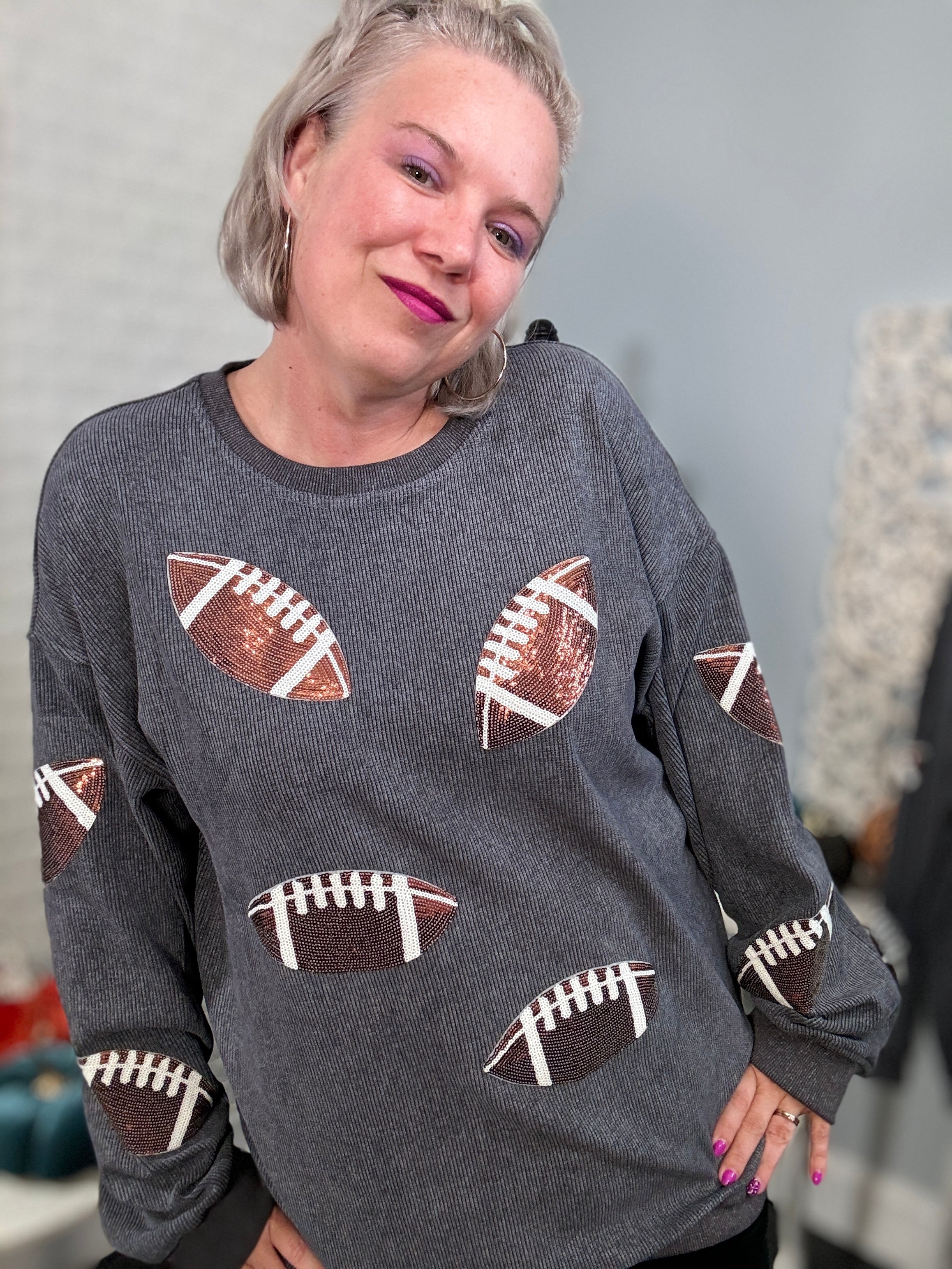 Preorder Ruby Idol Sequin Football Patch Corduroy Sweatshirt Shirts & Tops