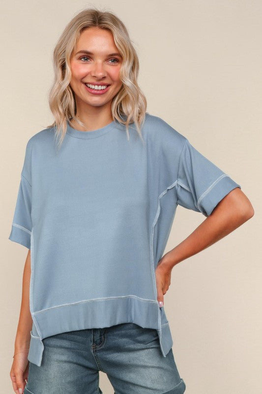 Haptics Oversized Hi-Lo French Terry Outseam Pullover in Denim Blue