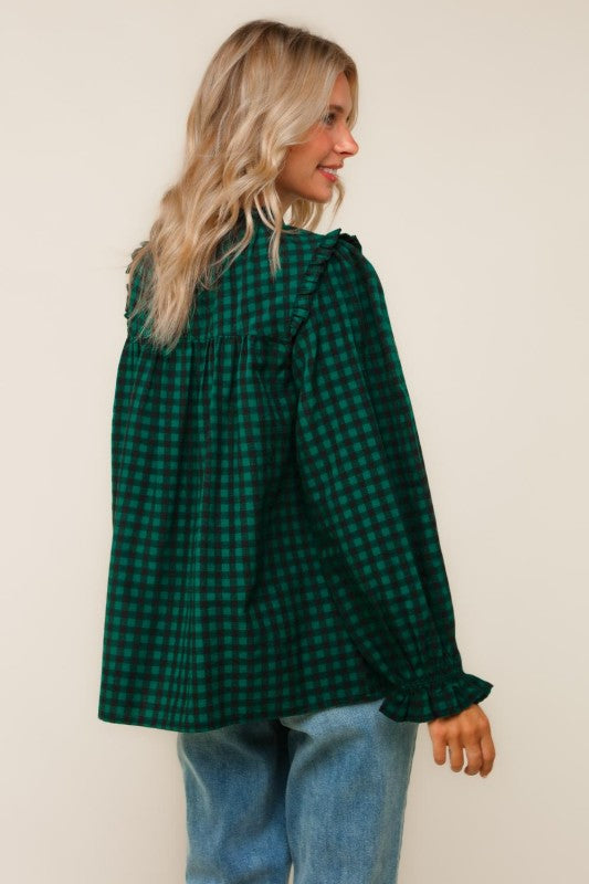 Haptics Green Frilled Mock Neck Gingham Check Woven Blouse