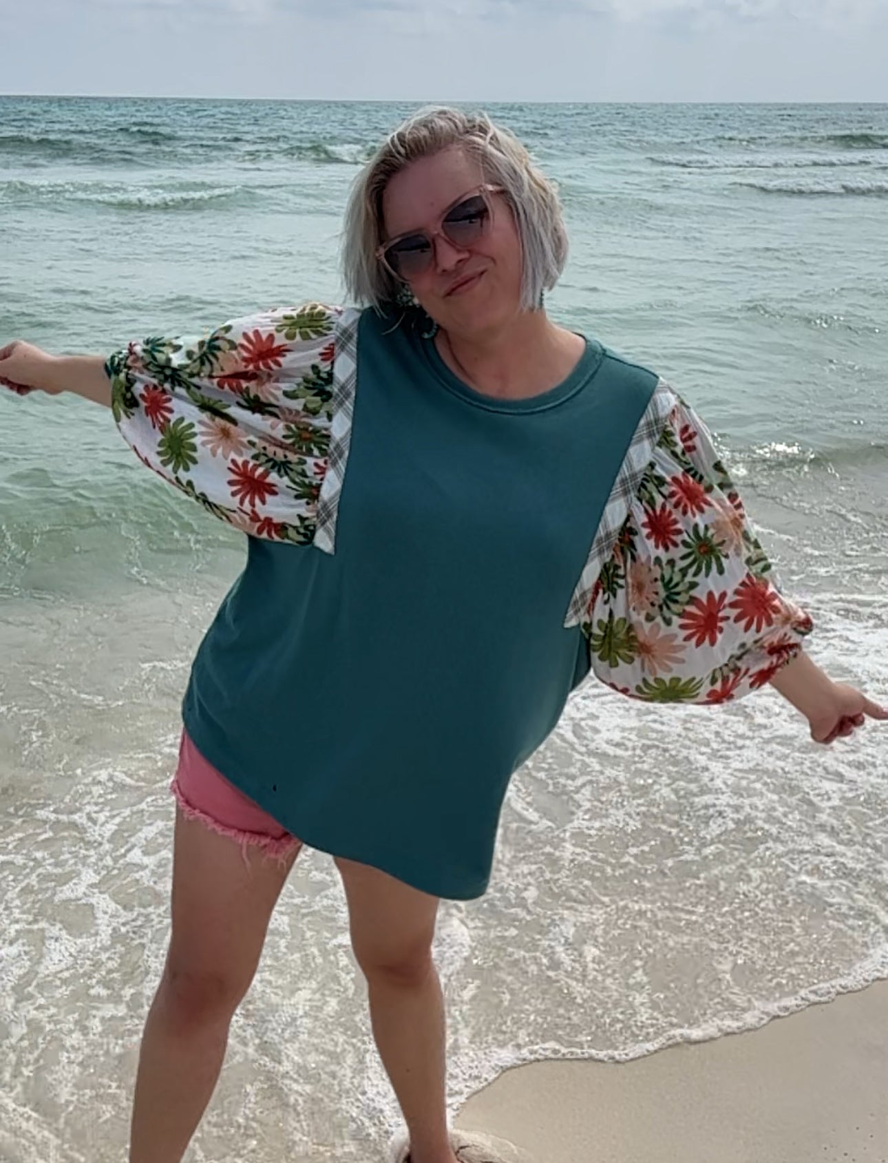 SAGE + FIG Teal Printed Balloon Sleeve Contrast Top Shirts & Tops