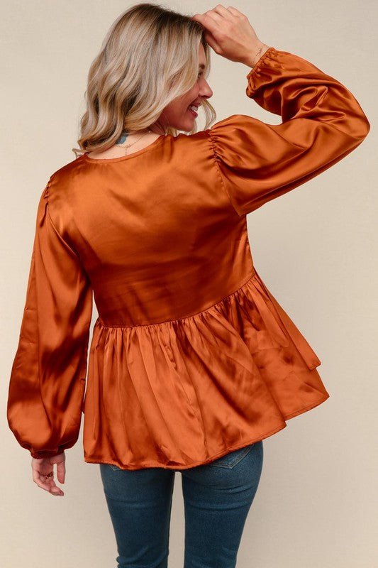 Haptics Babydoll Rust With Front Ribbon Bow Tie Blouse