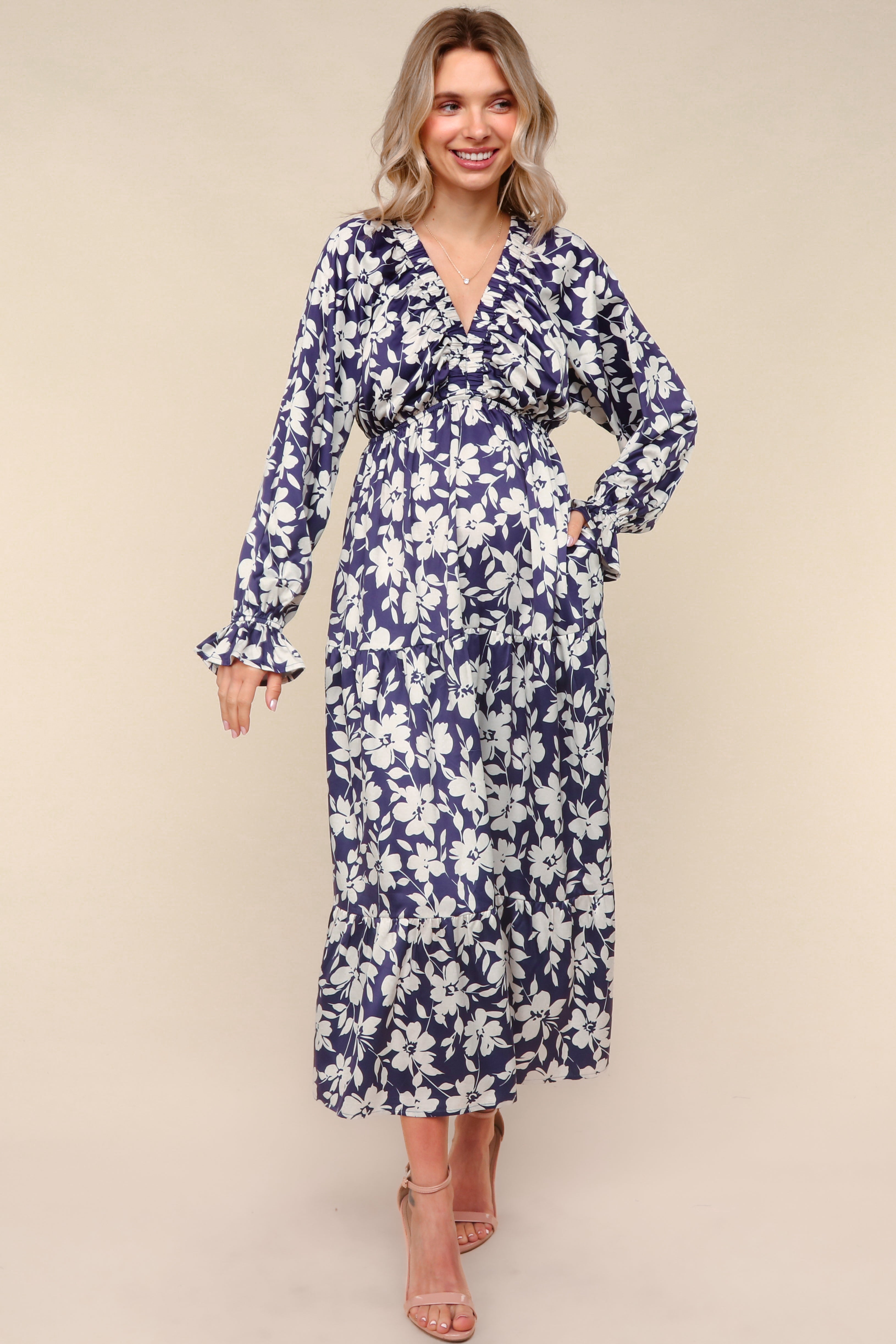 Haptics Navy Satin Floral Tiered Babydoll Maxi Dress