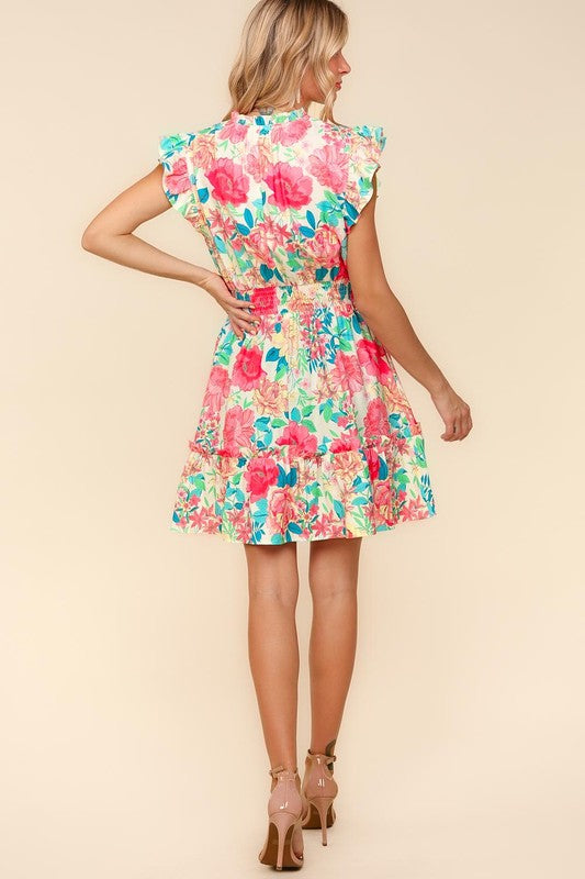 Haptics Floral Smocked Flutter Sleeve Ruffle Mini Dress