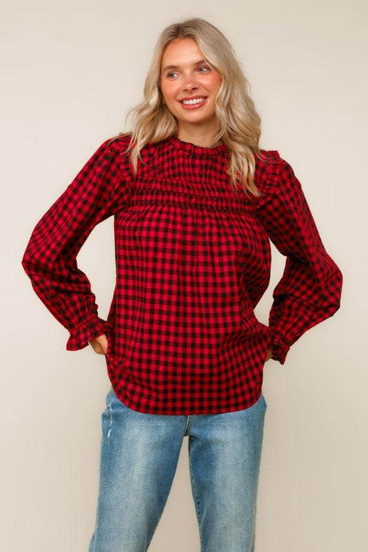 Haptics Red Frilled Mock Neck Gingham Check Woven Blouse