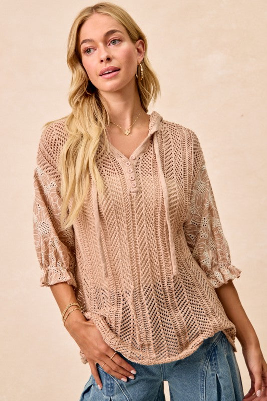 BiBi Taupe Jacquard Flower Puff Sleeve Hooded Knit Top