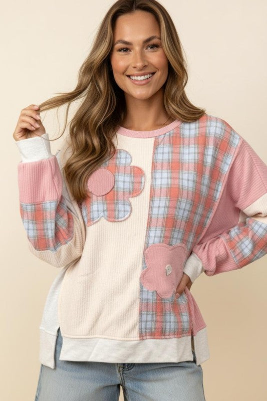 Haptics Round Neck Bubble Long Sleeve Flower Patch Color Block Pullover
