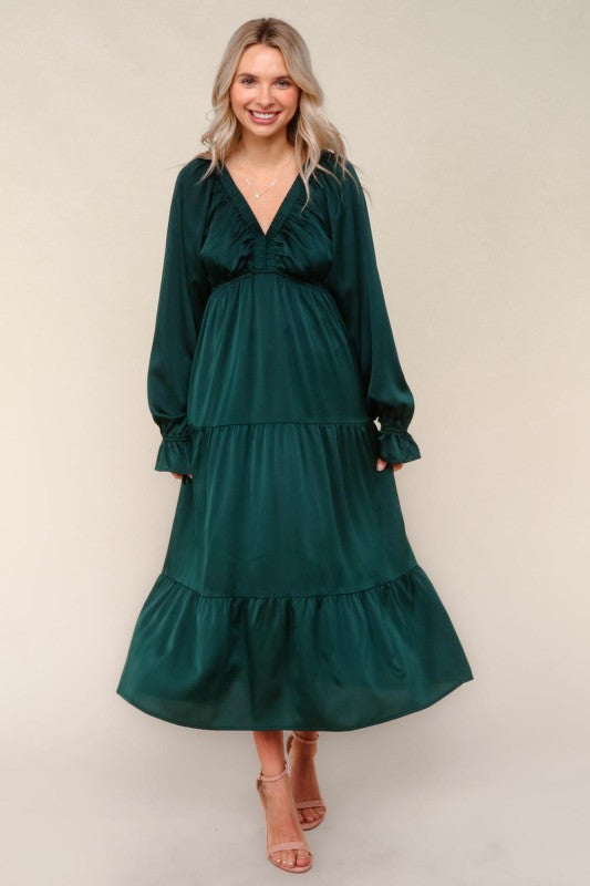 Haptics Hunter Green V NECK Satin Maxi Dress