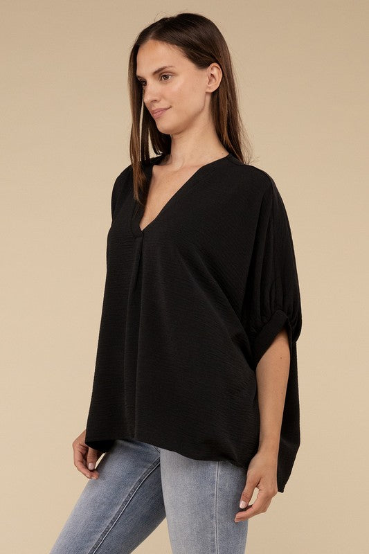 Zenana Black Woven Airflow V-neck Puff Half Sleeve Top