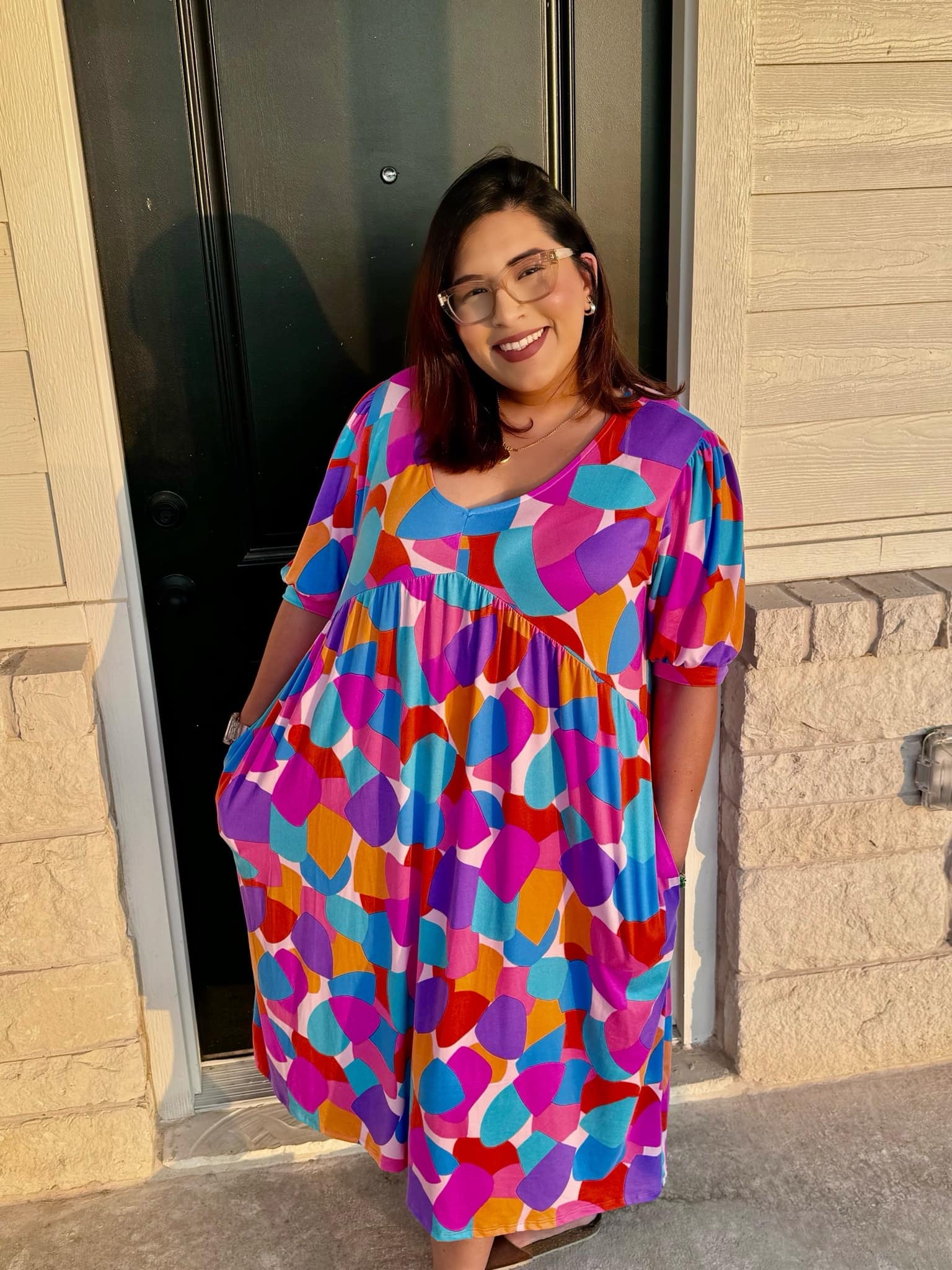 Haptics Geometric Multicolor Midi Dress With Pockets Dresses