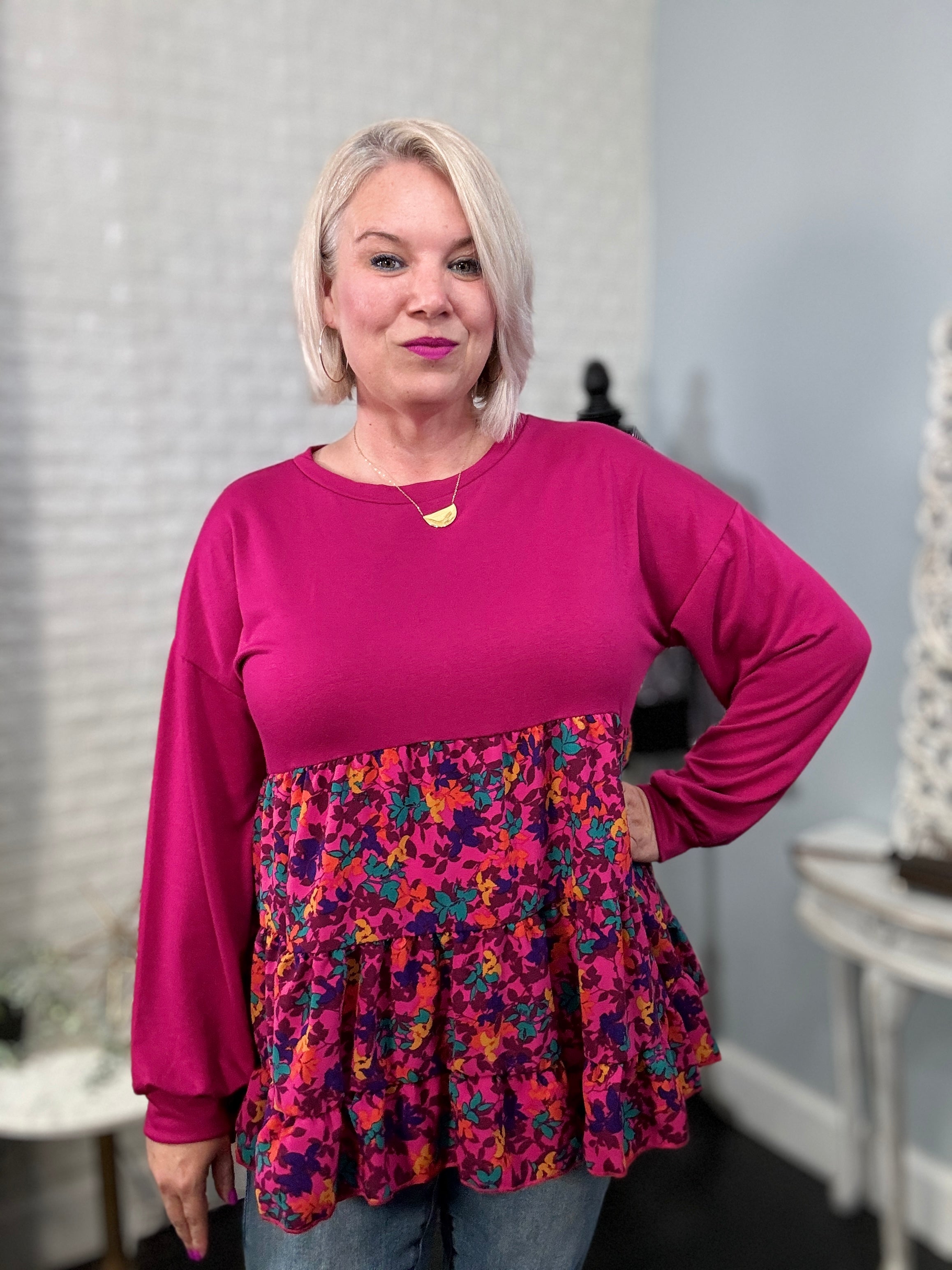 Haptics Berry Drop Shoulder Long Sleeve Babydoll Twofer Top