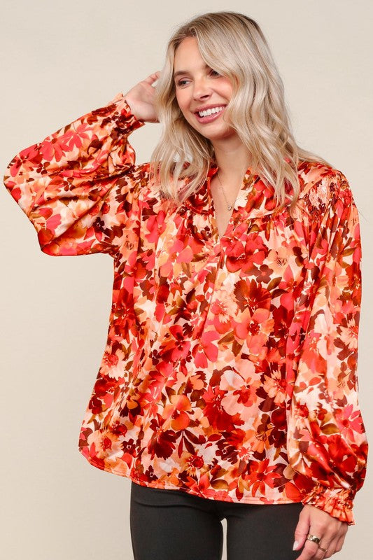 Haptics Rust Floral Print Notched Neck Smocked Satin Blouse