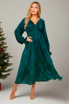 Haptics Elegant Hunter Green Elastic V Neck Tiered Satin Maxi Dress