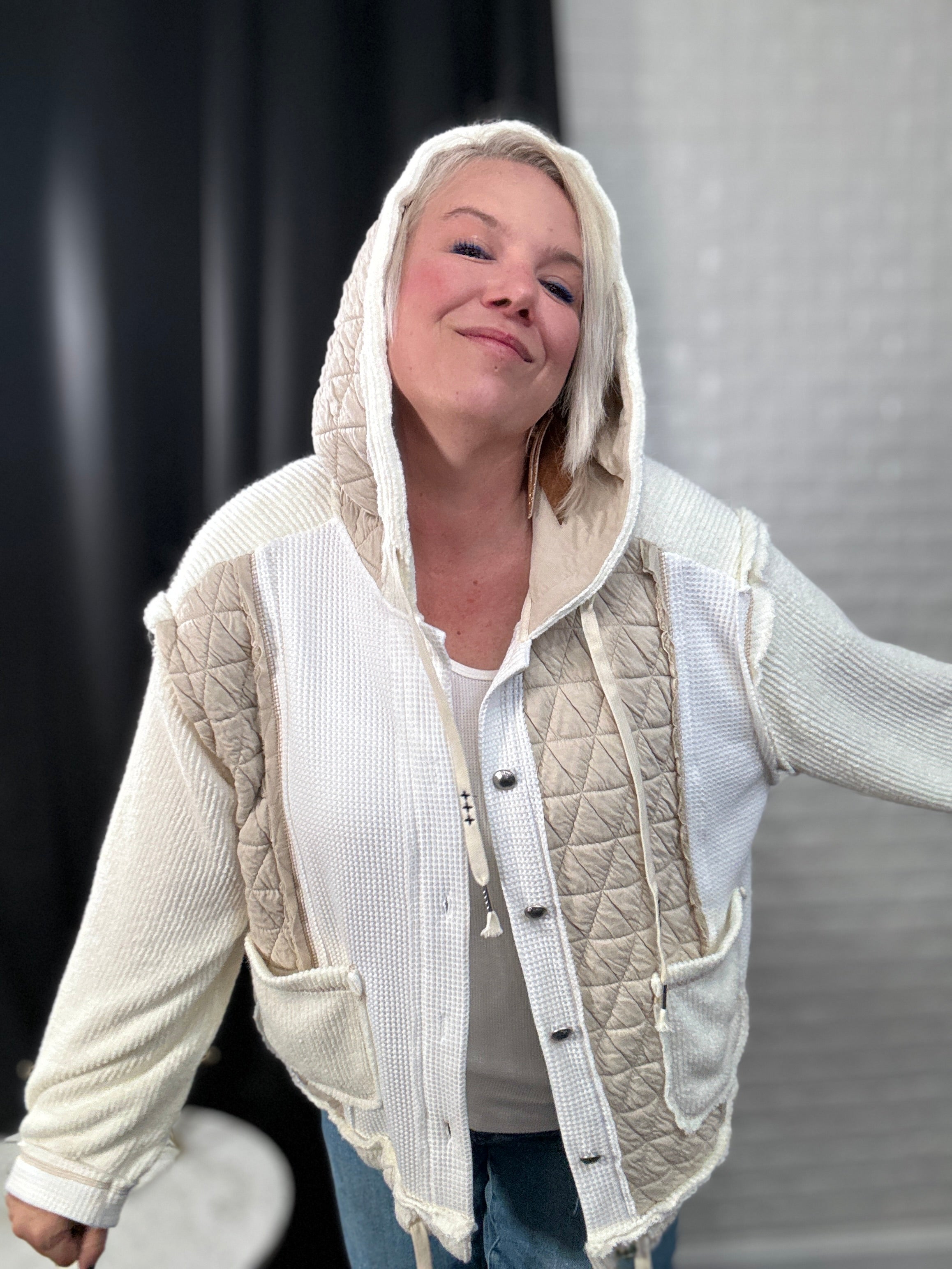 POL Cut Sew Multi Fabric Hooded Button Down Shacket in Cream
