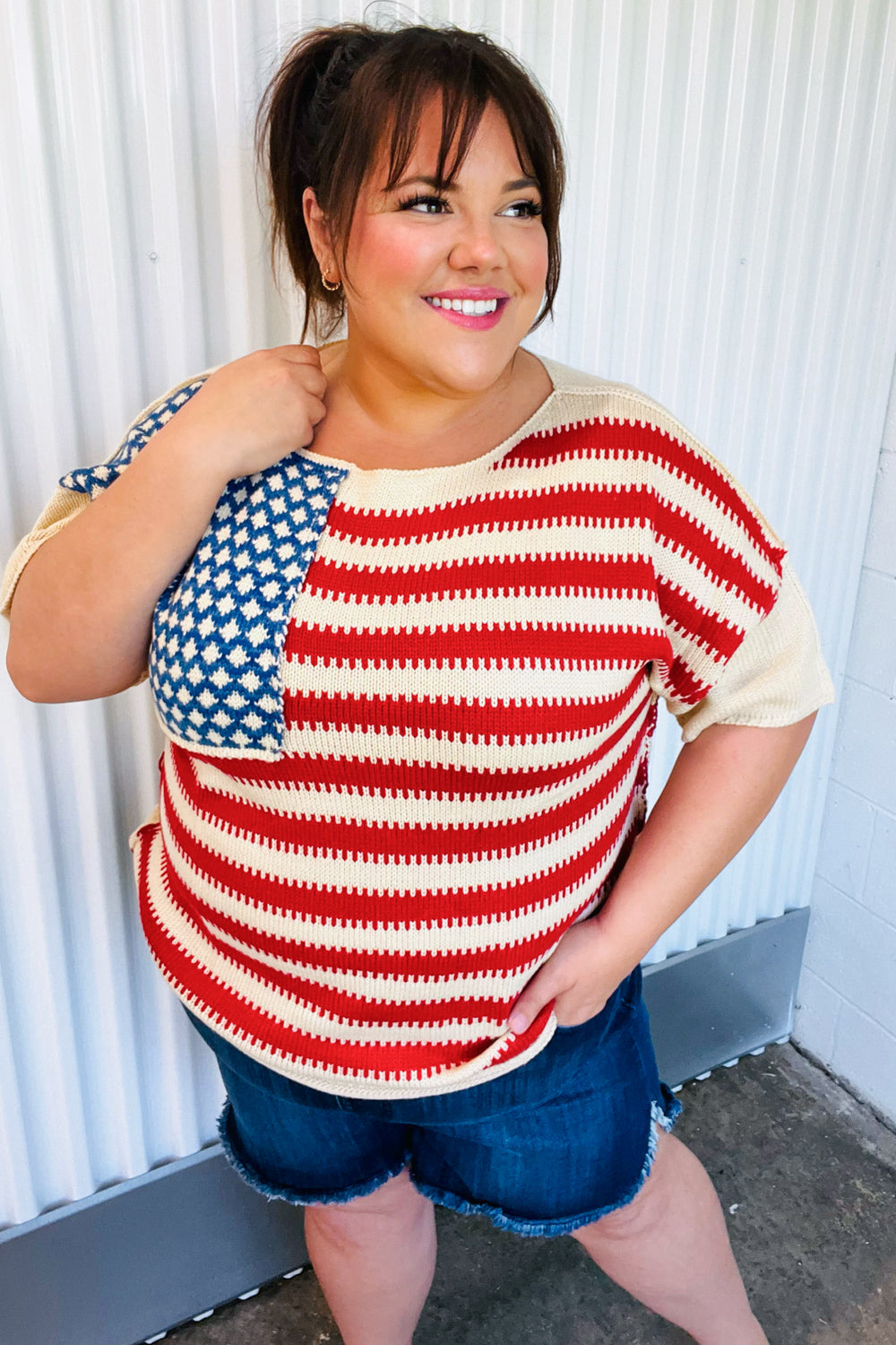 Haptics American Flag Jacquard Knit Sweater Top Final Sale
