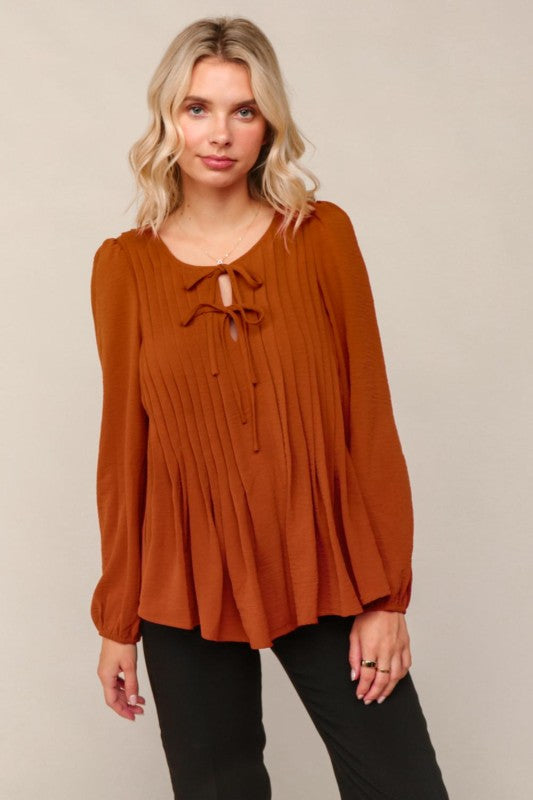 Haptics Rust Scoop Neck Solid Blouse with Ribbon Bow Detail