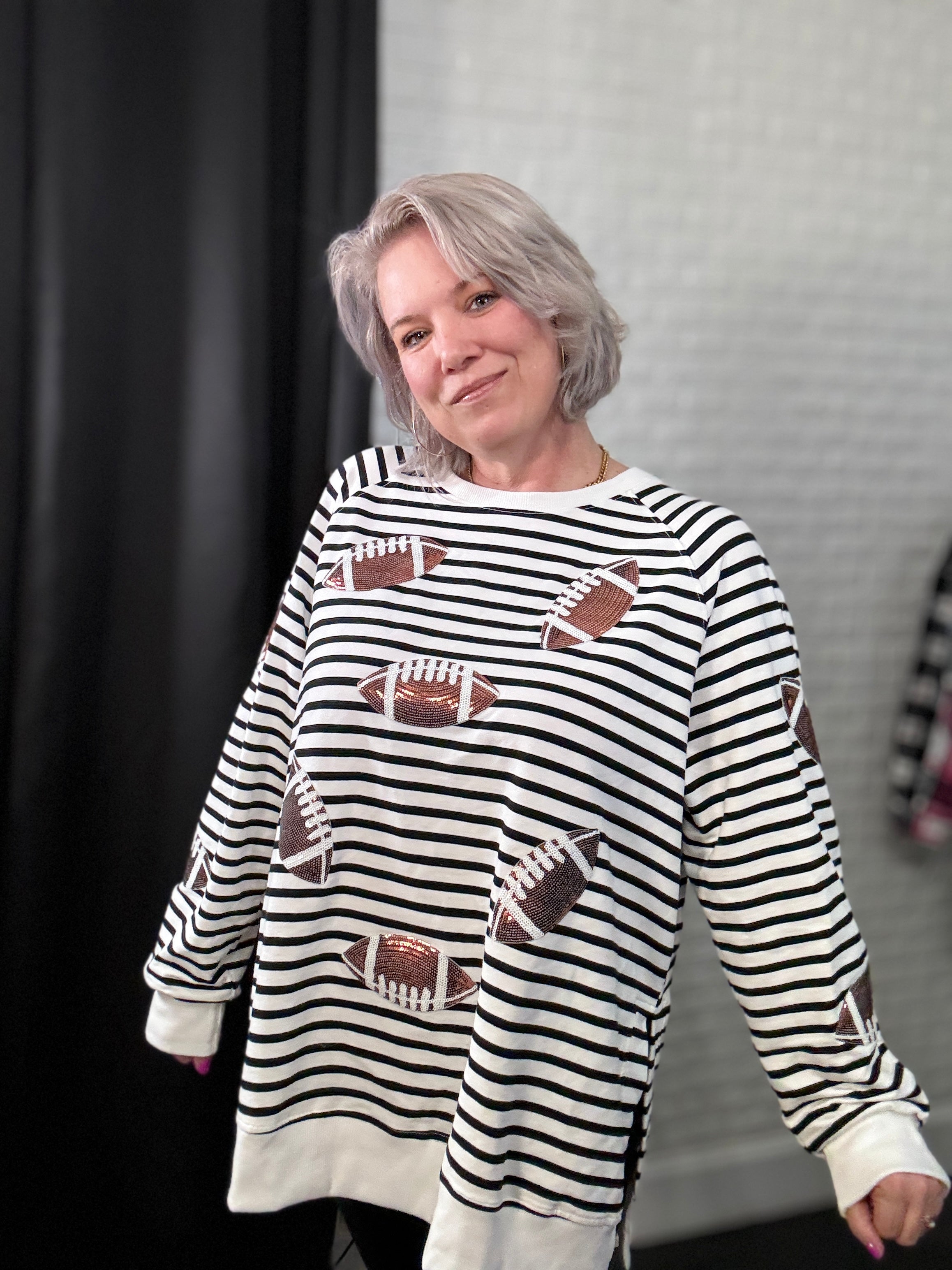 Preorder Ruby Idol Game Day Sequin Football Striped Long Sleeve Sweatshirt Shirts & Tops