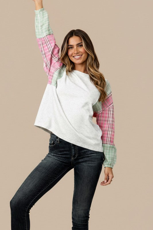 Haptics Solid Pullover Knit Top with Plaid Sleeves – Light Grey/Sage/Pink