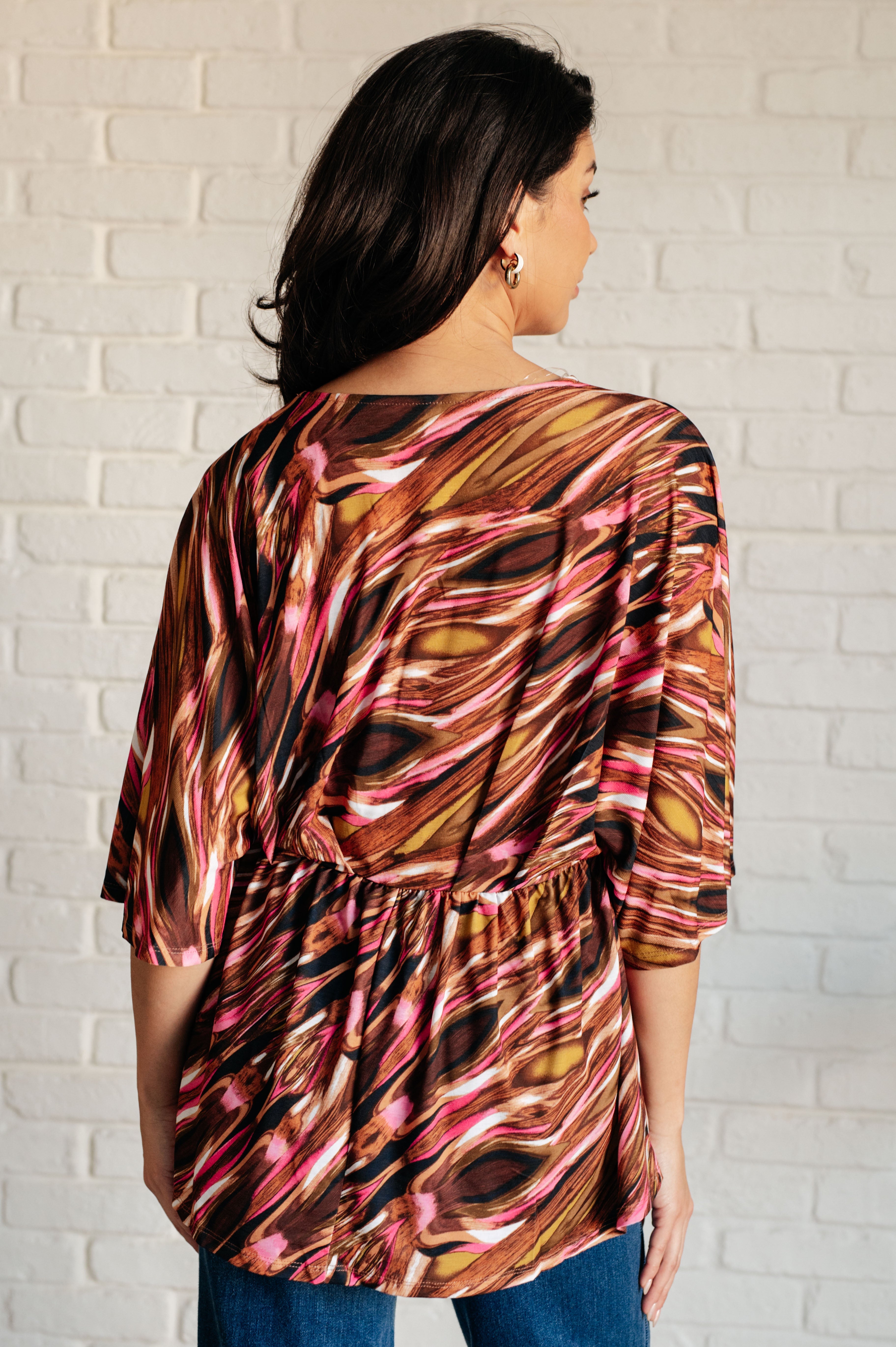 Dear Scarlett Dearest Dreamer Peplum Top in Abstract Mocha Shirts & Tops